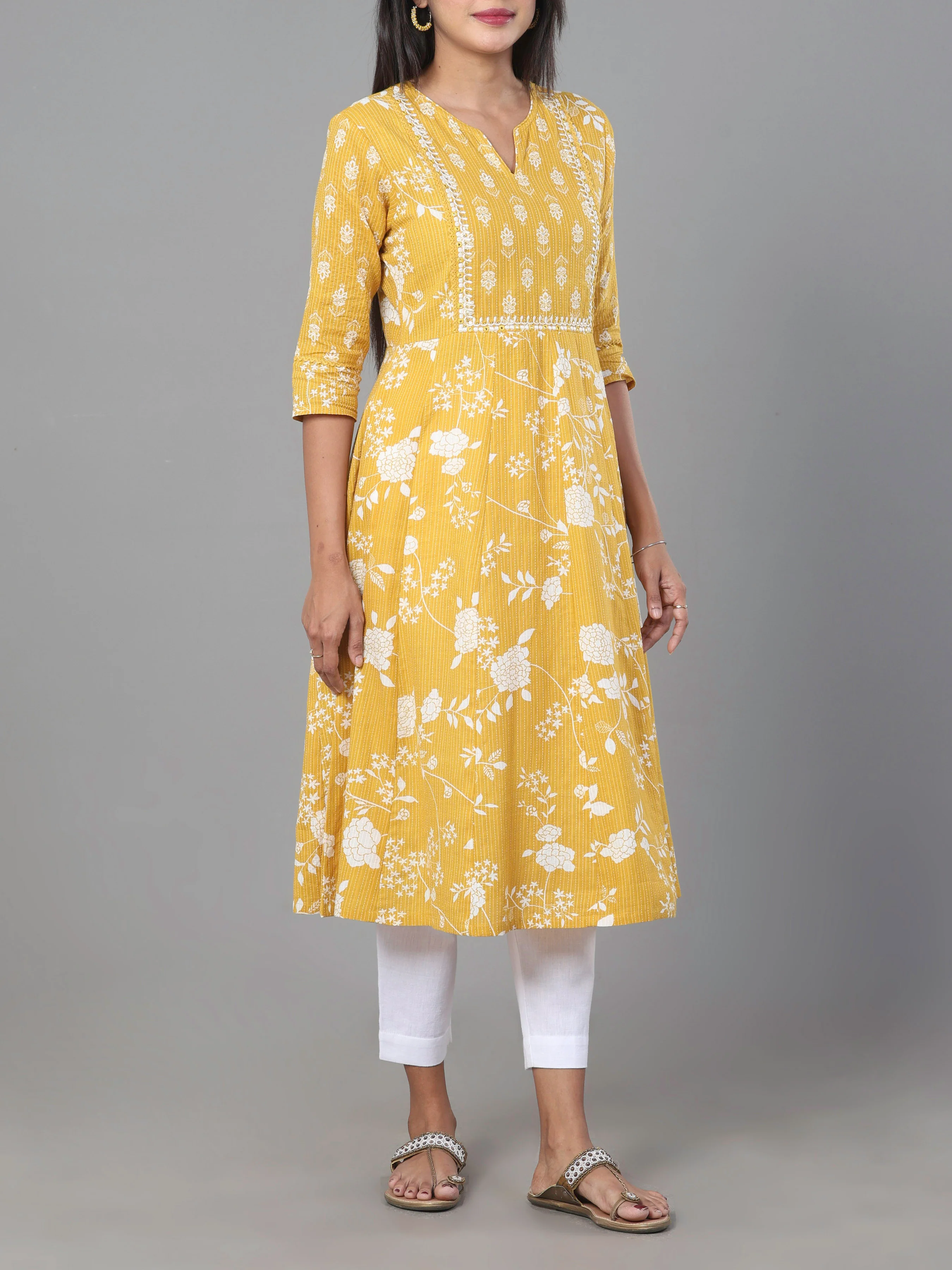 Mustard Yellow Pure Cotton Kurti With Embroidery - Image 3