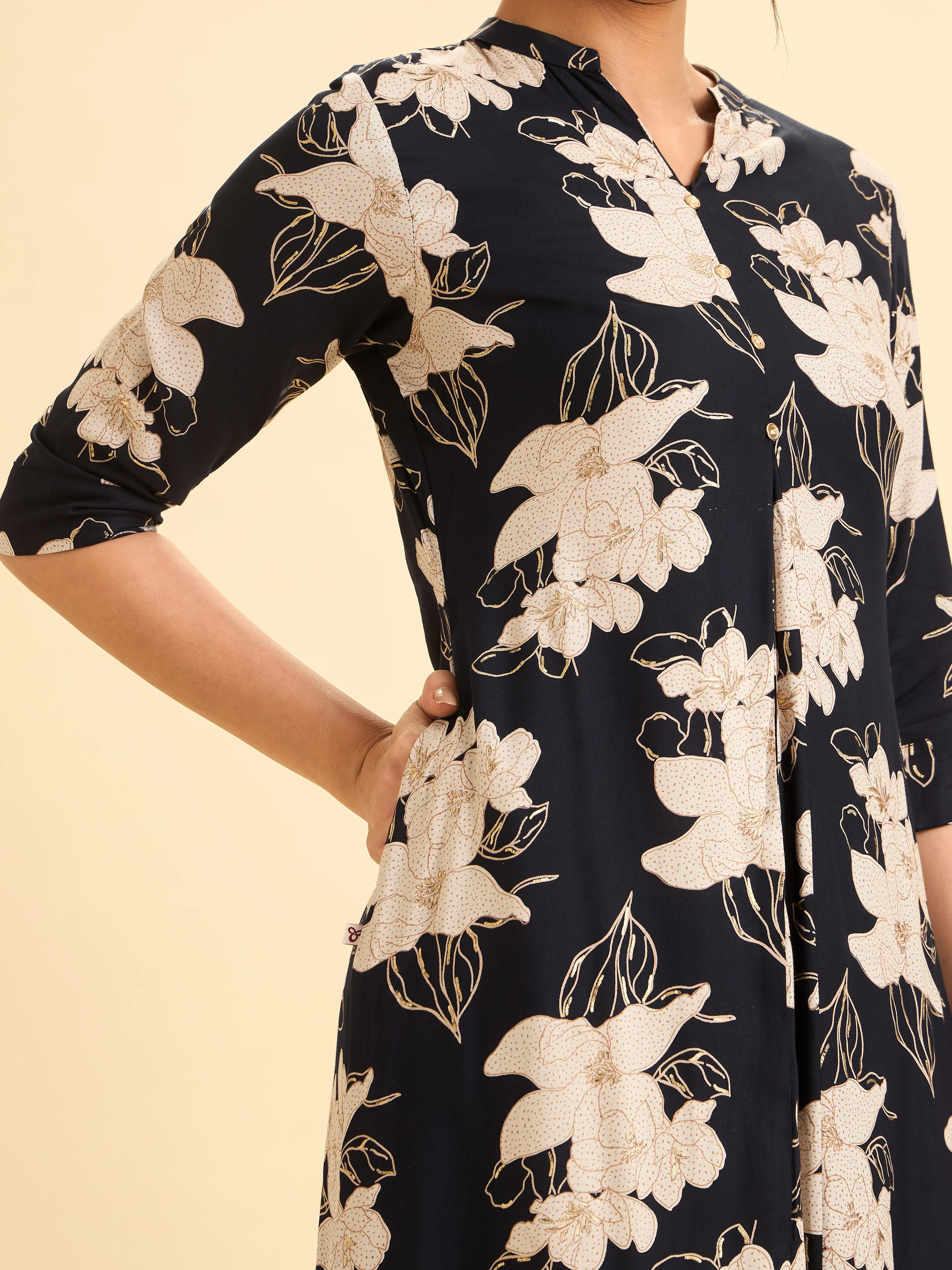 Navy Blue And Ivory Viscose Printed Flared Angrakha Kurti - Image 2