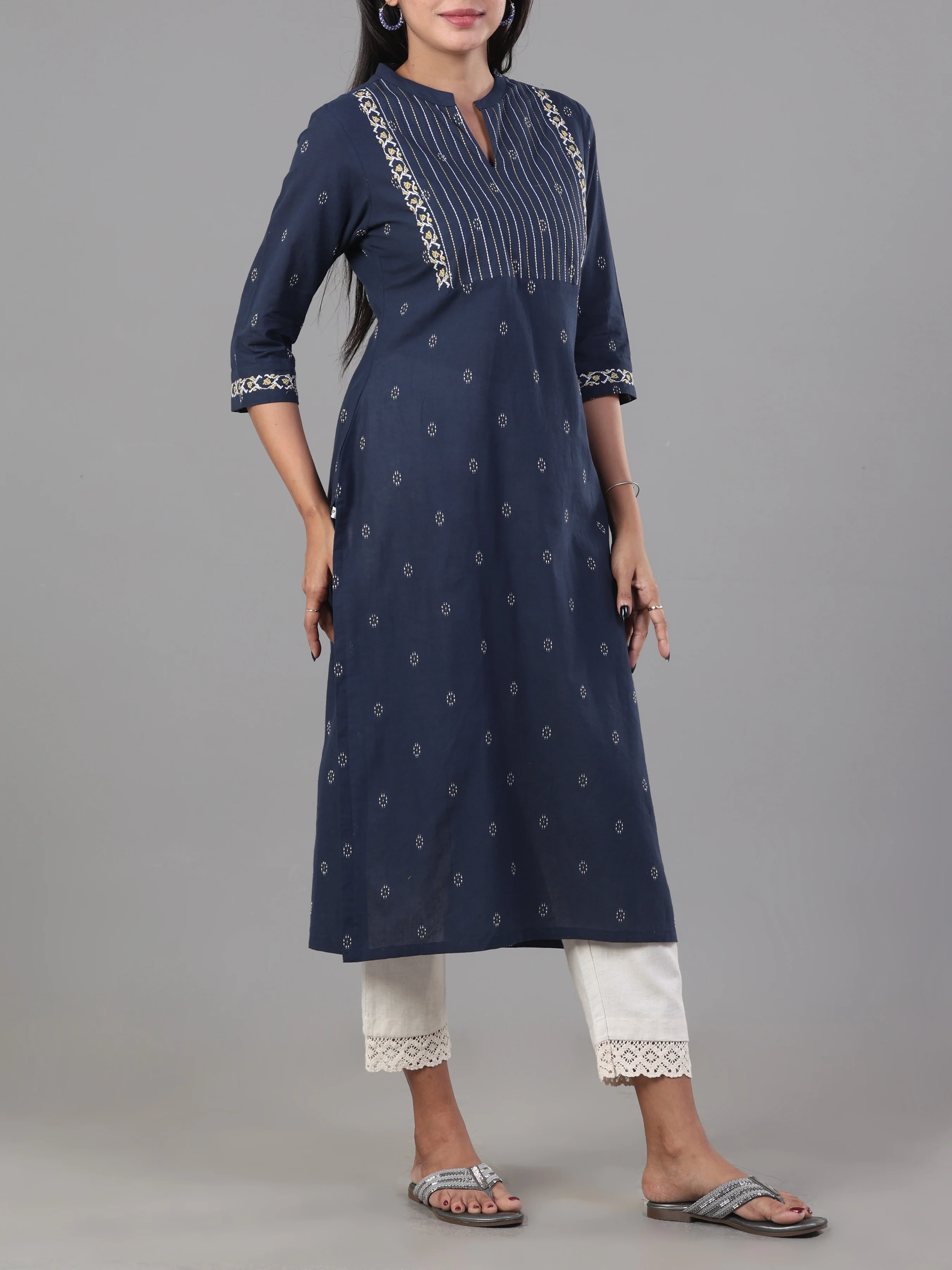 Navy Blue Cotton Dobby Kurti With Embroidery - Image 3