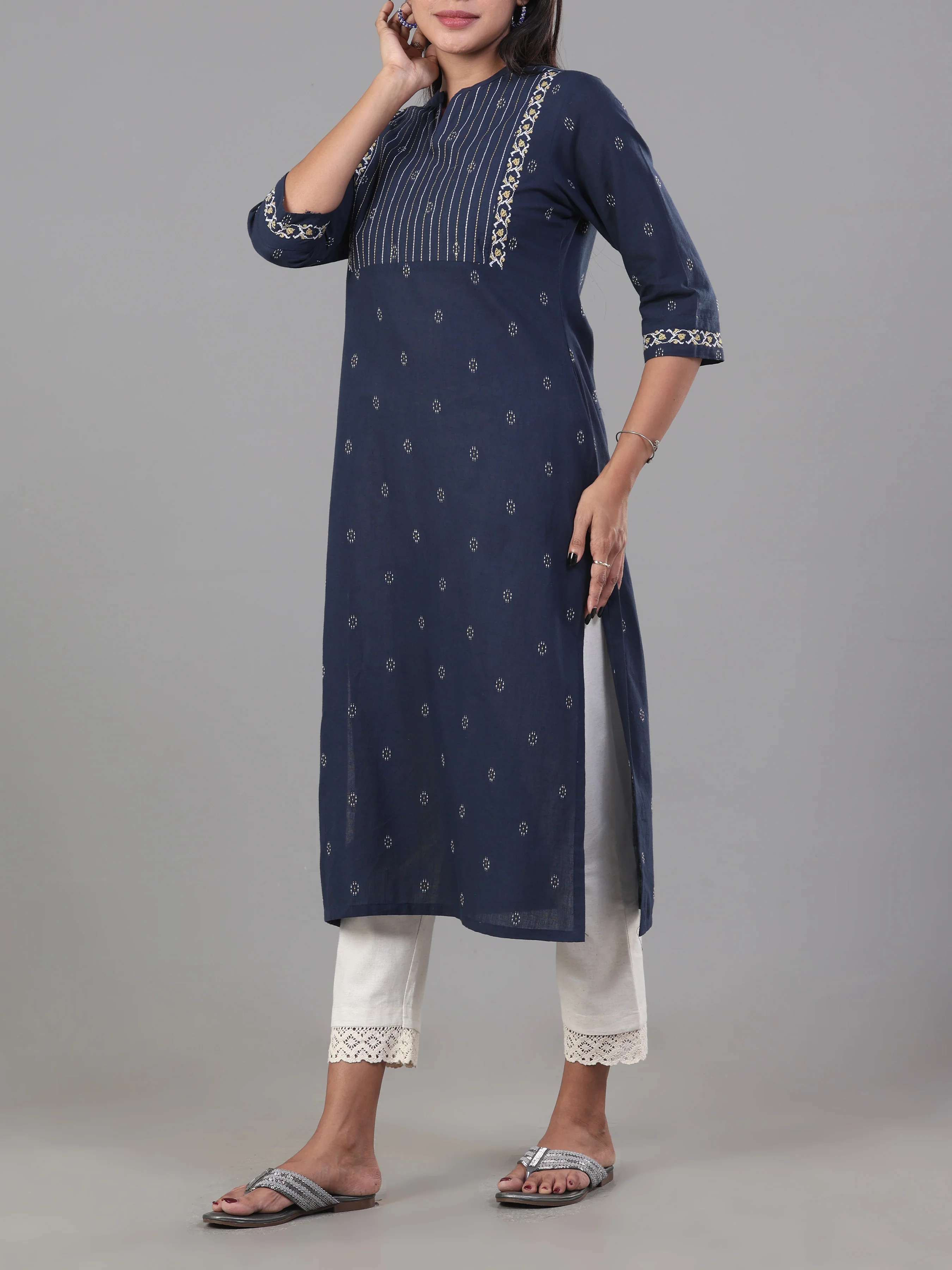 Navy Blue Cotton Dobby Kurti With Embroidery - Image 4