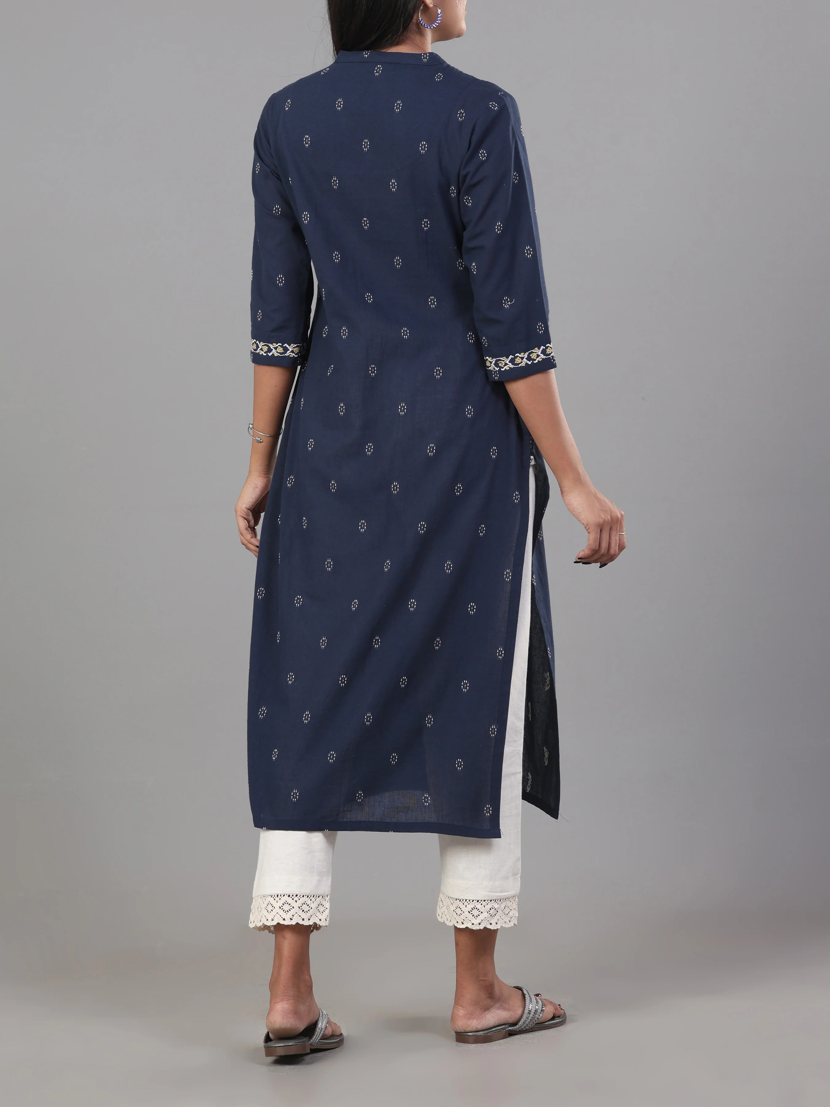 Navy Blue Cotton Dobby Kurti With Embroidery - Image 5