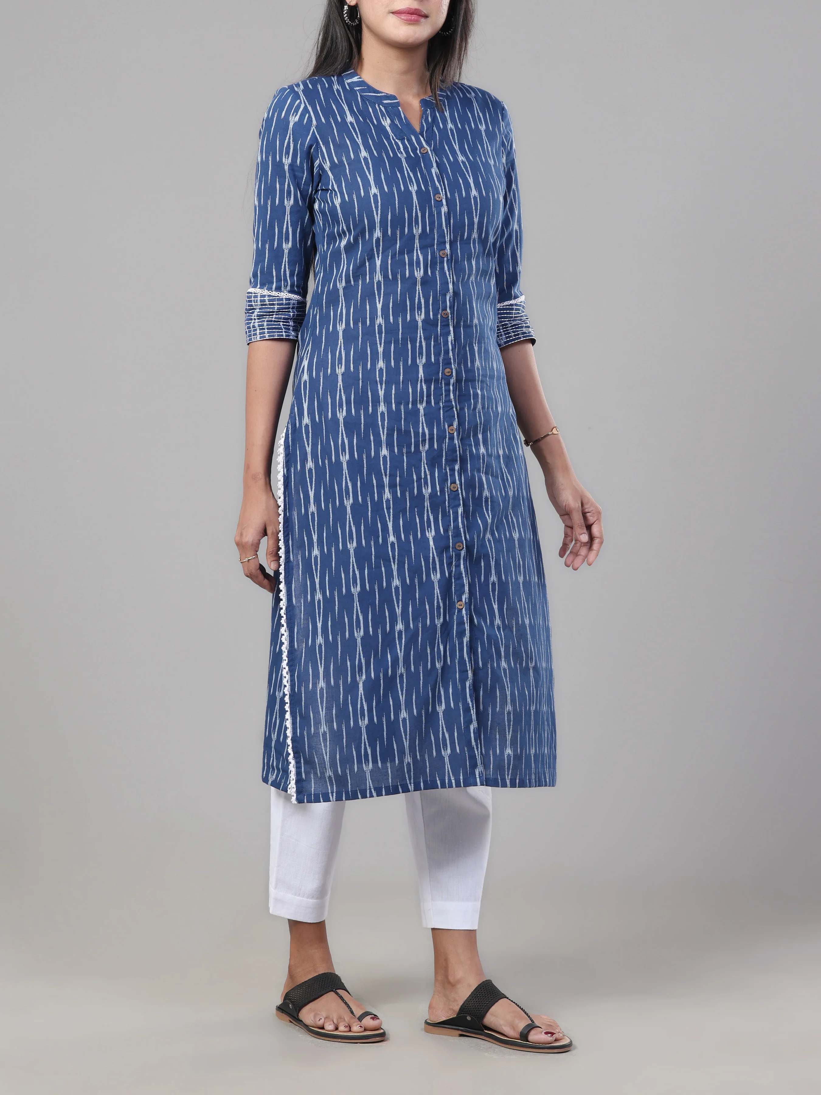 Navy Blue Cotton Dobby Kurti With Lace Detailing - Image 3