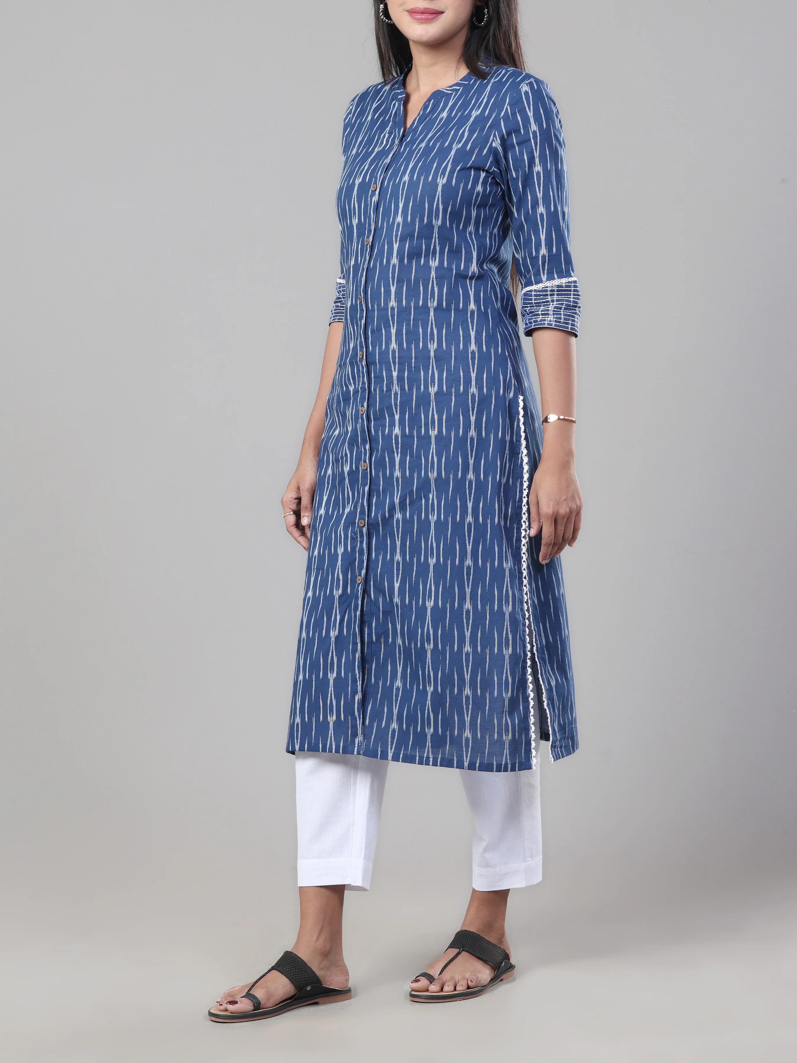 Navy Blue Cotton Dobby Kurti With Lace Detailing - Image 4