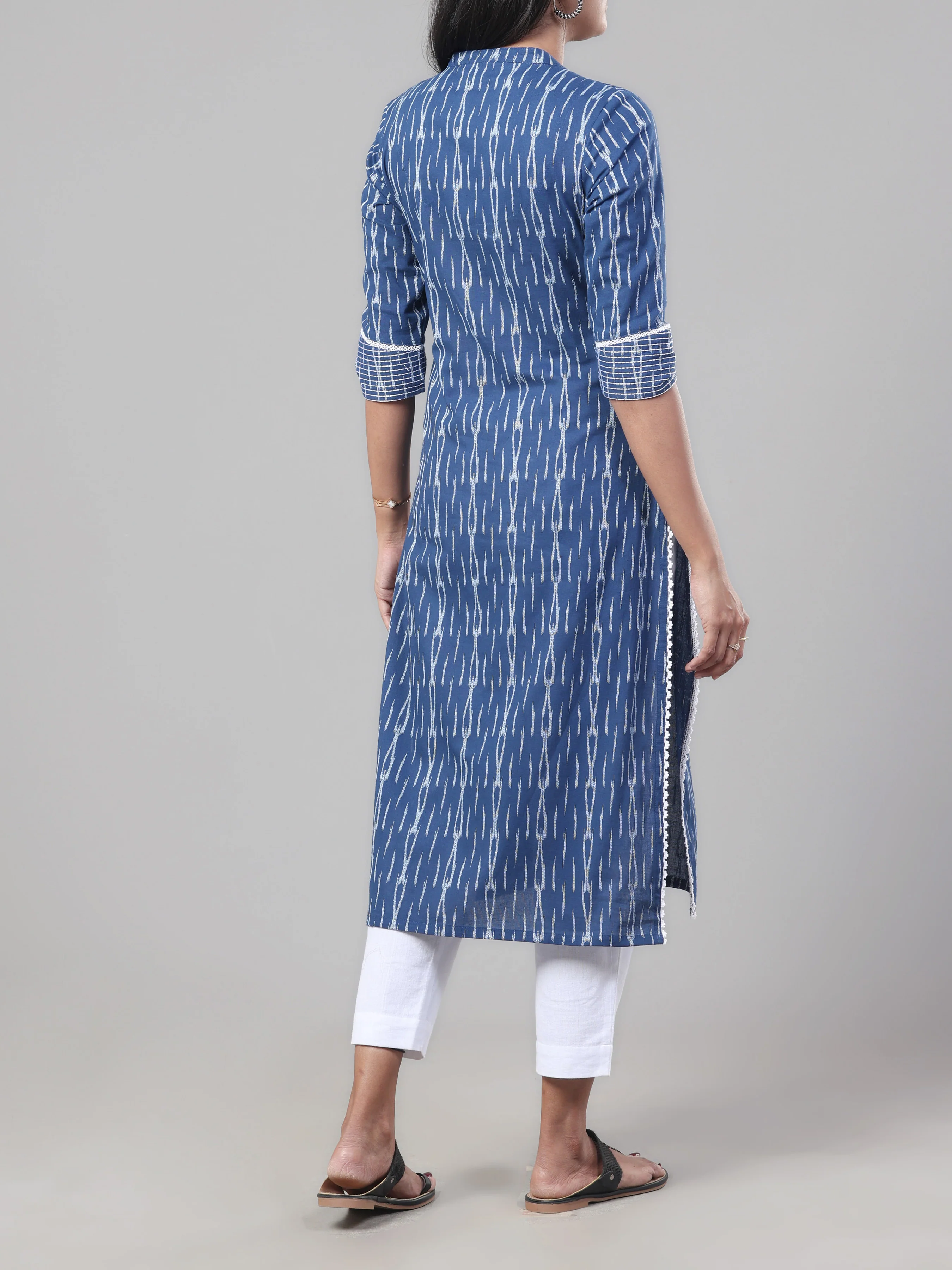 Navy Blue Cotton Dobby Kurti With Lace Detailing - Image 5