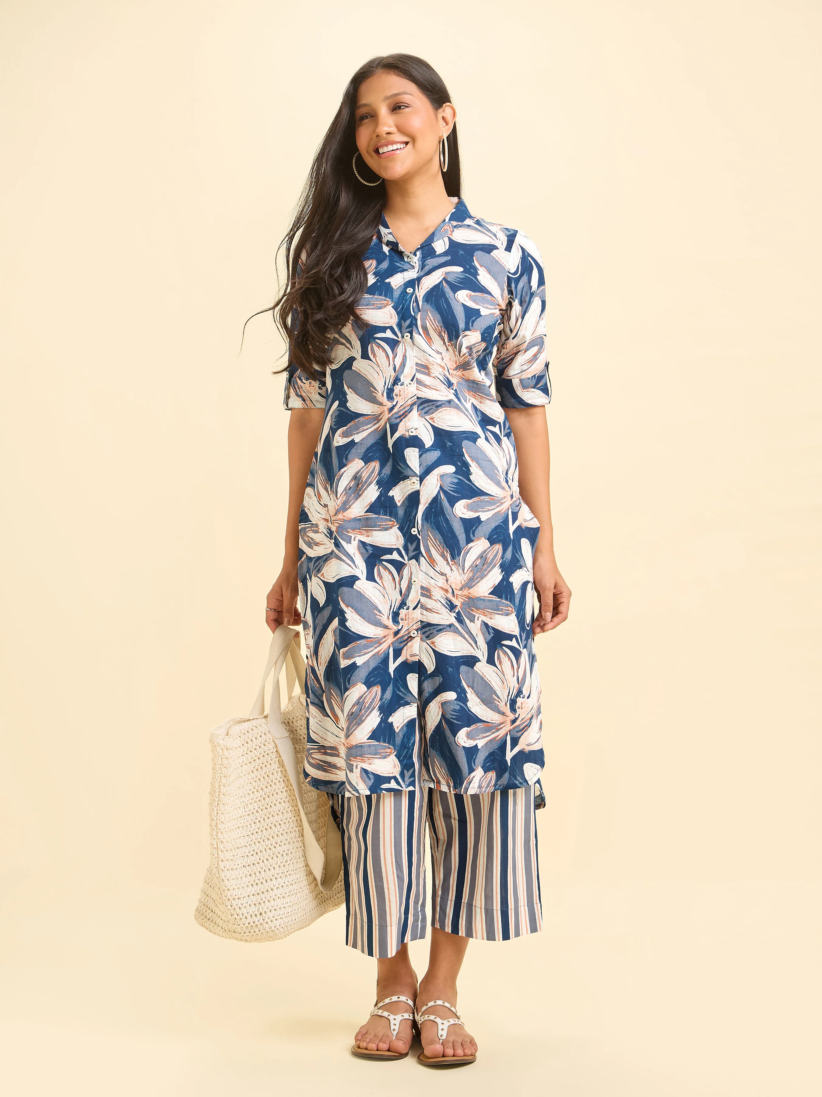 Navy Blue Cotton Flax Printed Kurti Set - Image 4