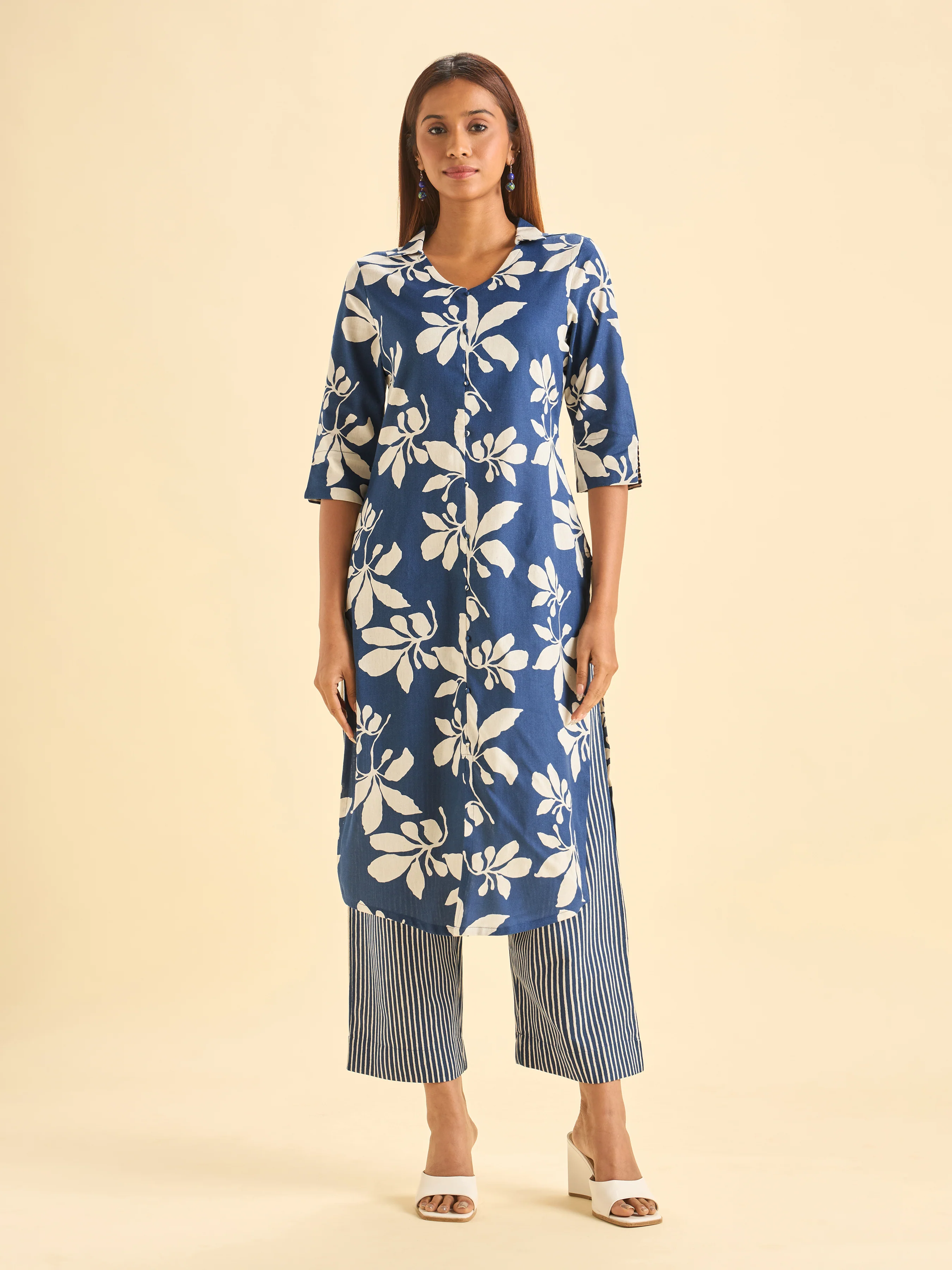 Navy Blue Cotton Flax Printed Slitted Kurti Set