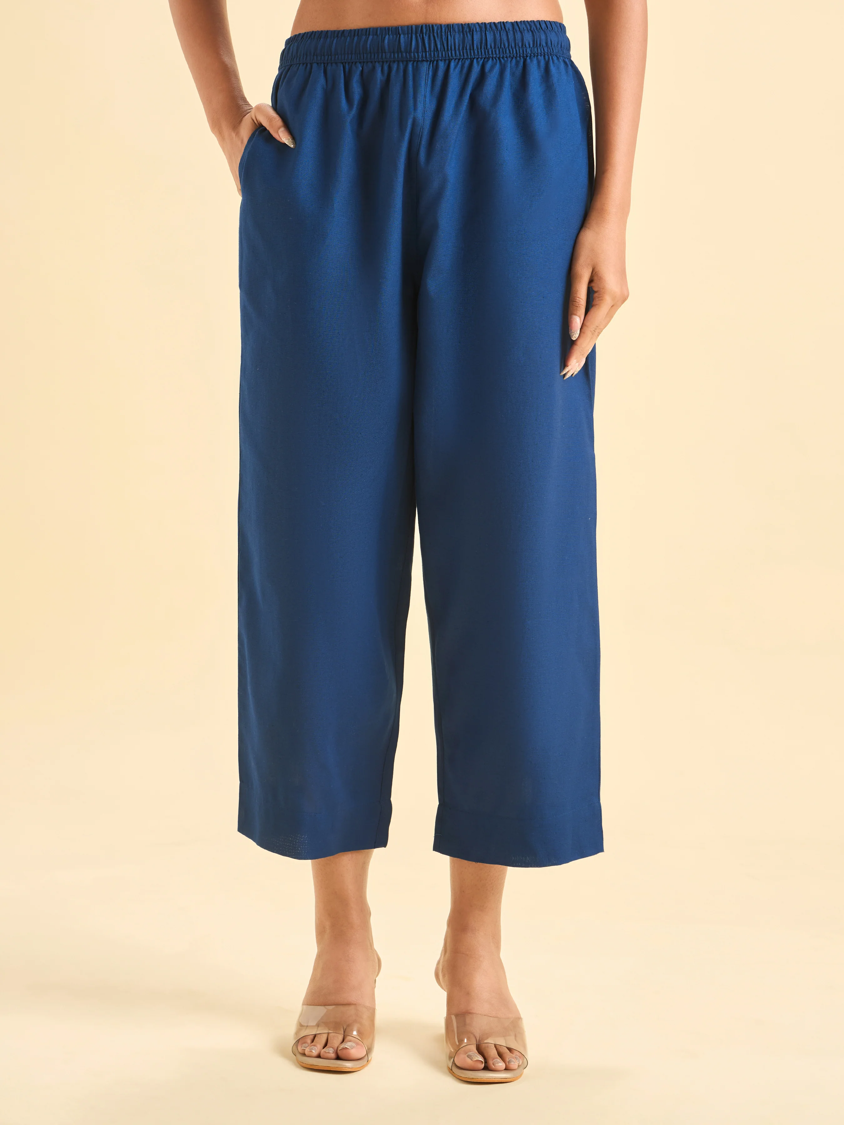 Navy Blue Cotton Flax Slitted Kurti Set With Embroidery - Image 6