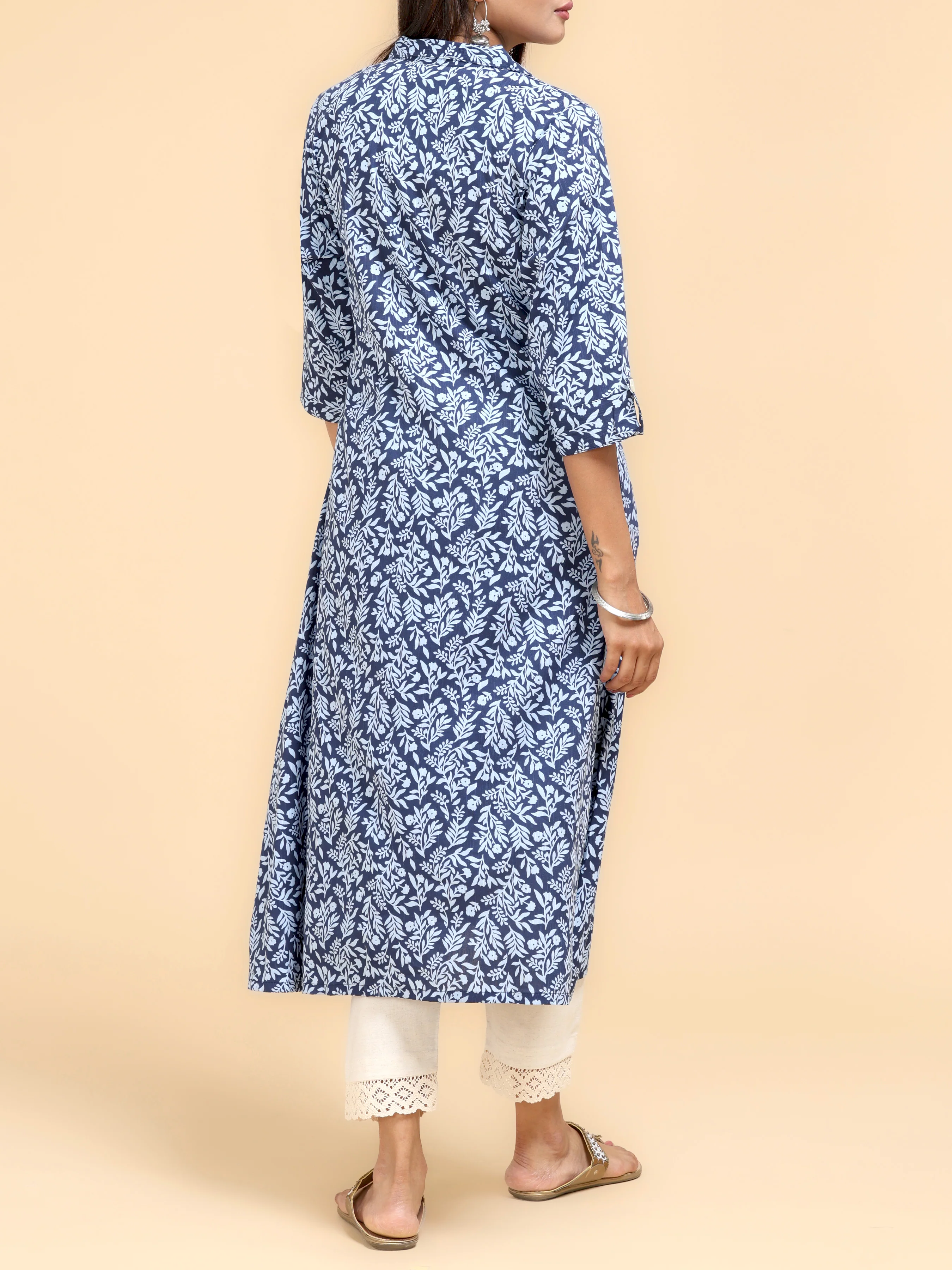 Navy Blue Cotton Viscose Kurti With Print - Image 6
