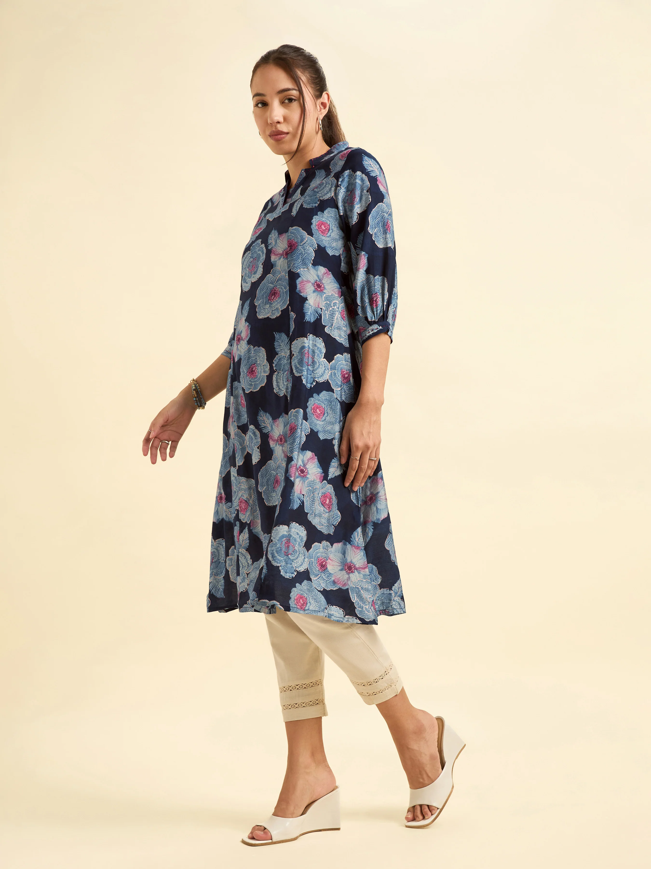 Navy Blue Modal Chanderi Princess Cut Printed Kurti With Embroidery And Sequins Work - Image 5