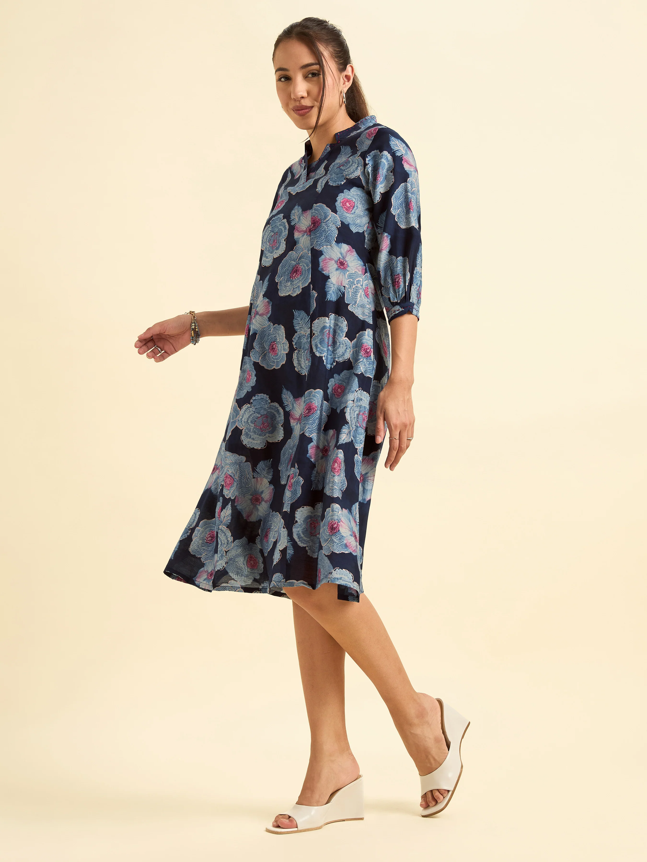 Navy Blue Modal Chanderi Princess Cut Printed Kurti With Embroidery And Sequins Work - Image 6
