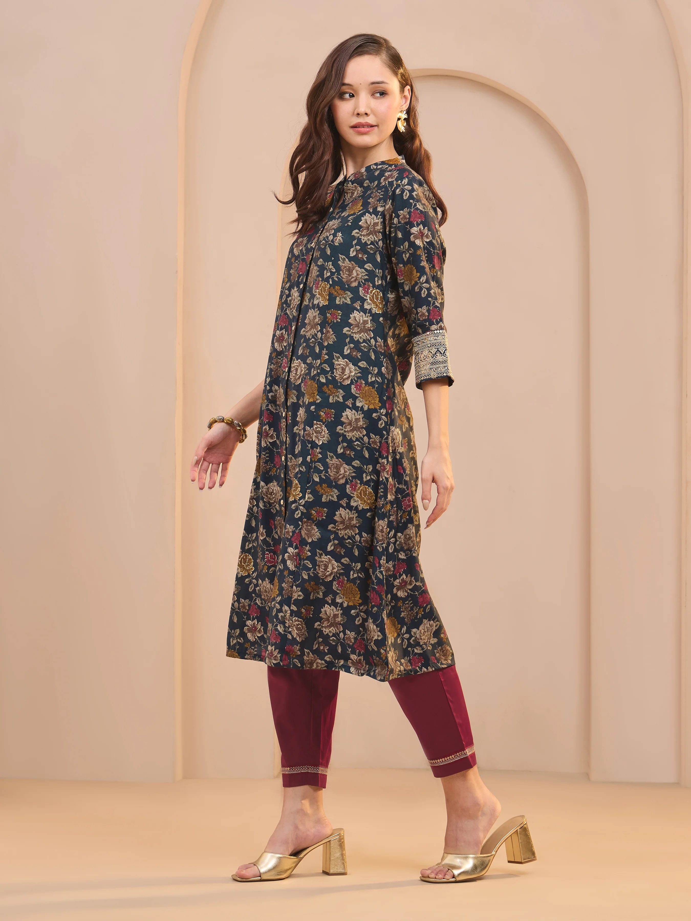 Navy Blue Modal Chanderi Printed Kurti With Embroidery And Matching Bottom - Image 3