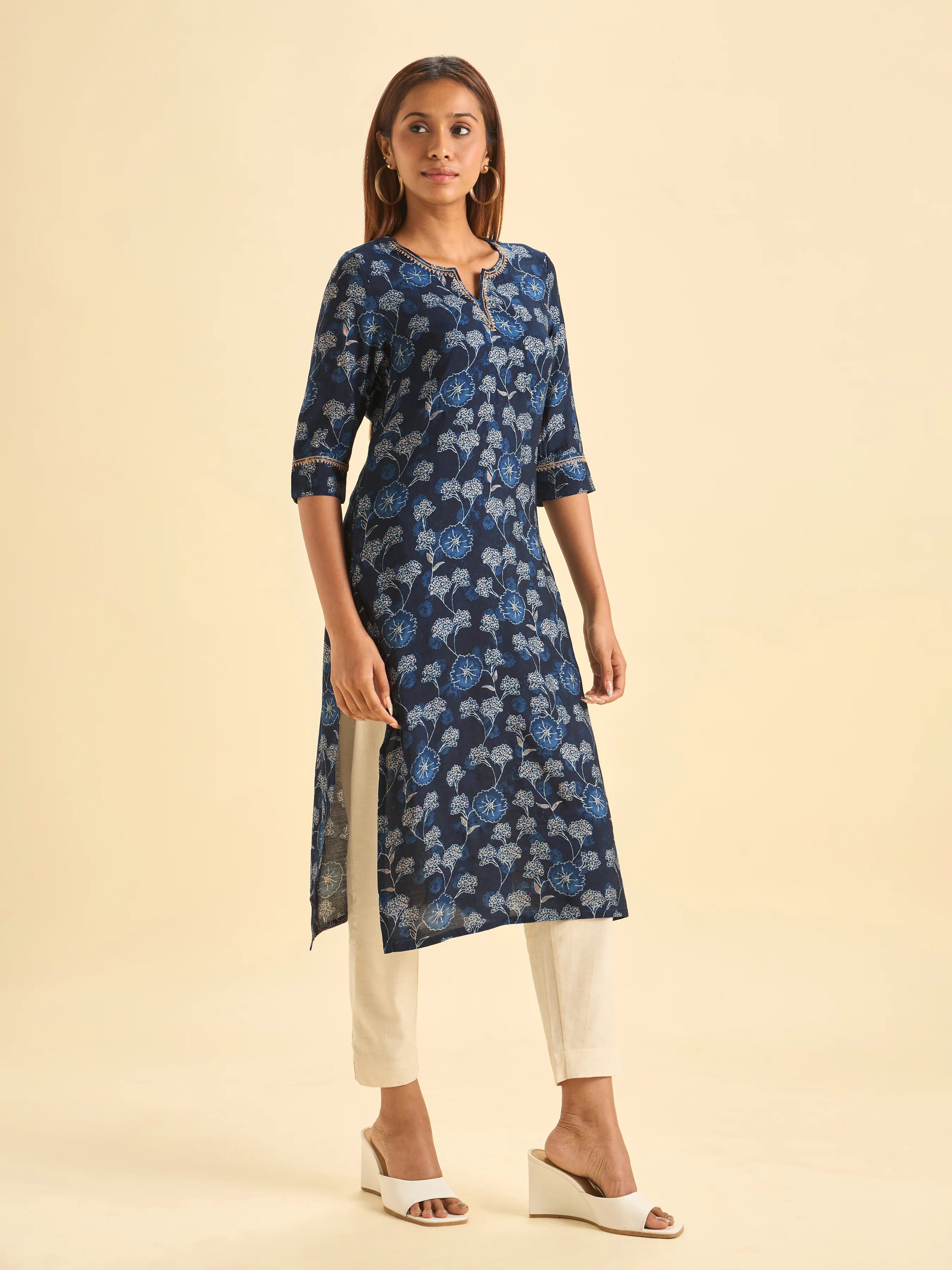 Navy Blue Modal Chanderi Slitted Printed Kurti With Embroidery - Image 5