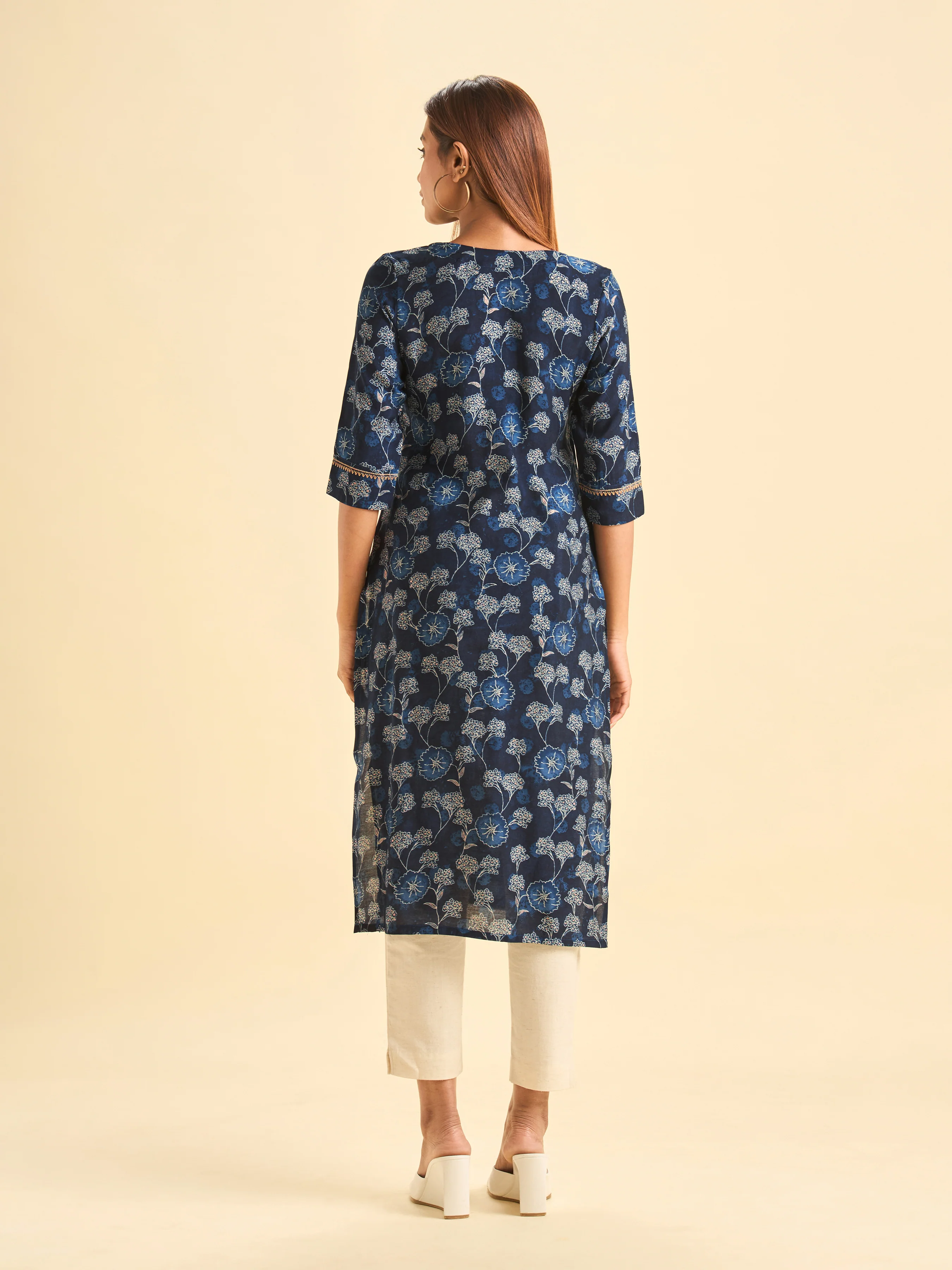 Navy Blue Modal Chanderi Slitted Printed Kurti With Embroidery - Image 6