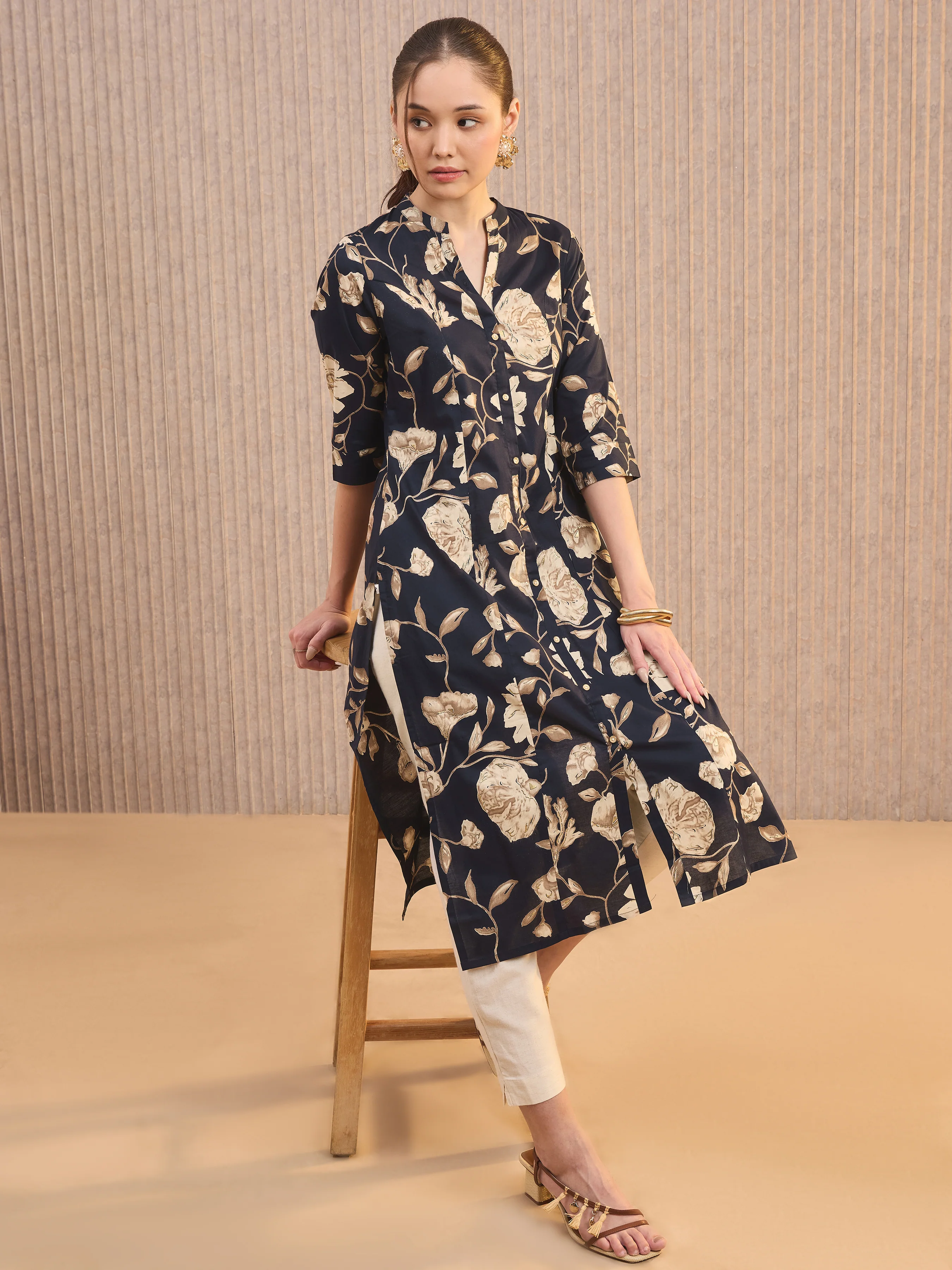 Navy Blue Pure Cotton Printed Kurti With Princess Cut - Image 3