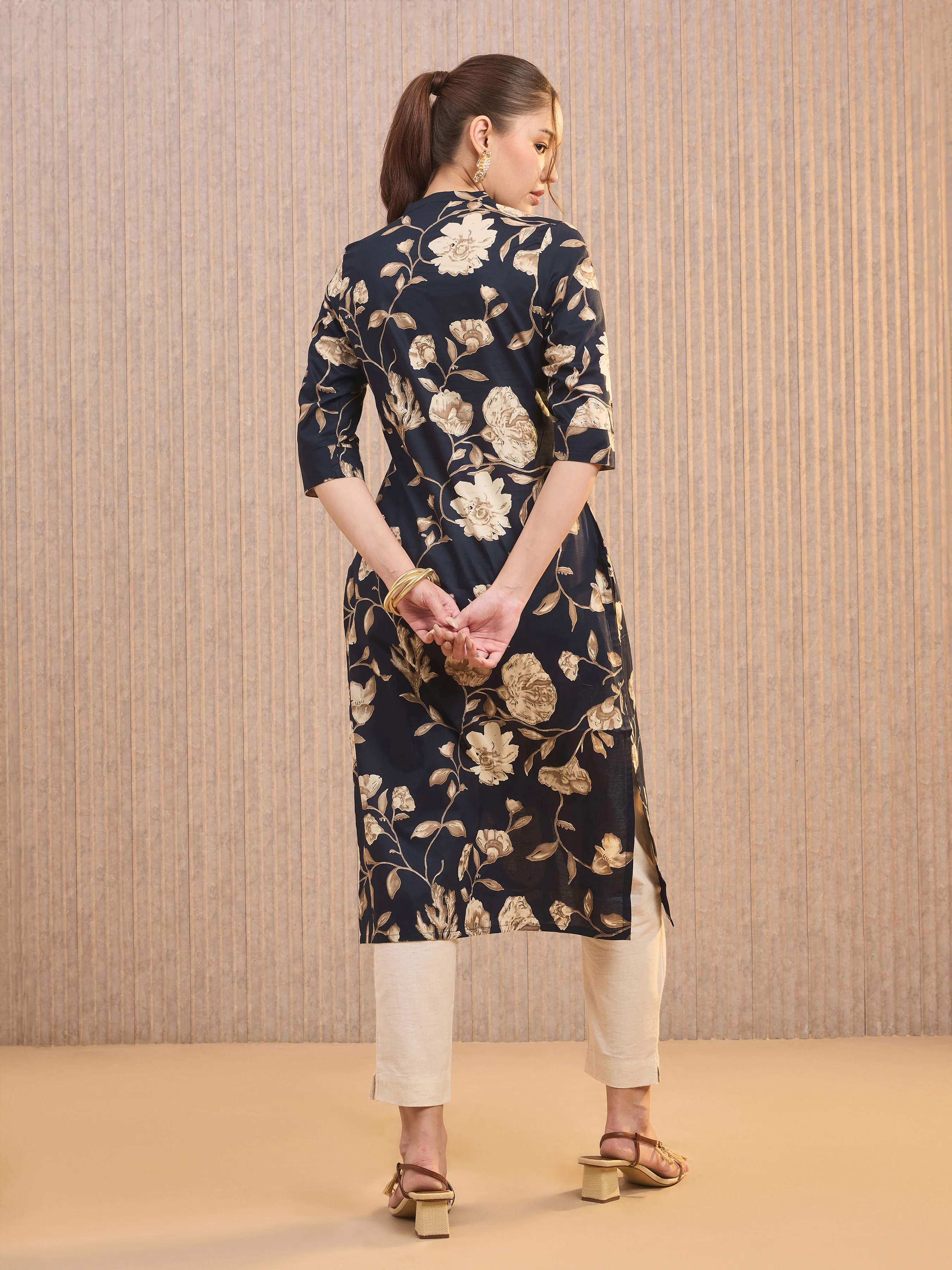 Navy Blue Pure Cotton Printed Kurti With Princess Cut - Image 5