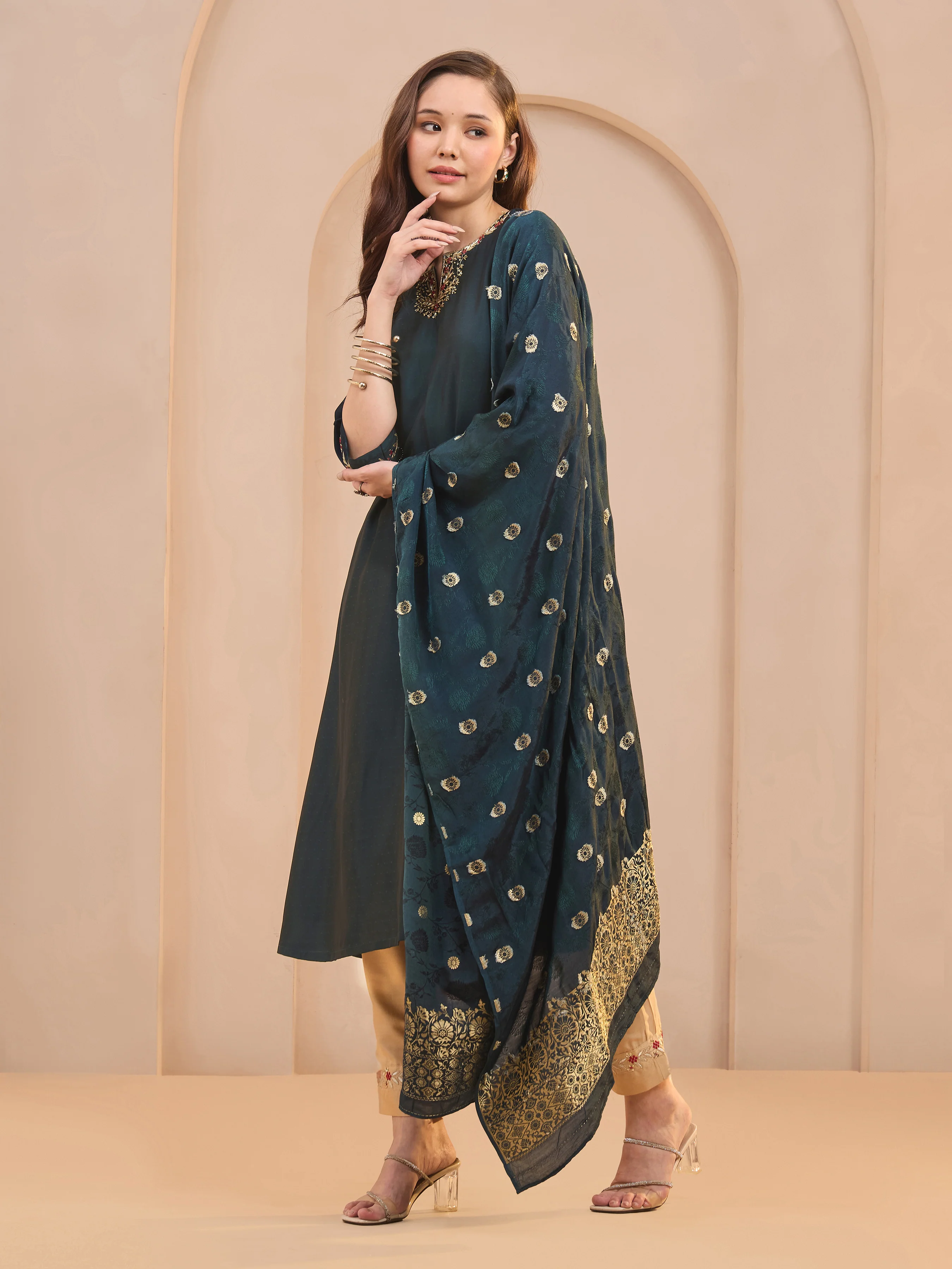 Navy Blue Viscose Blend Kurti Set & Dupatta With Hand Work - Image 5
