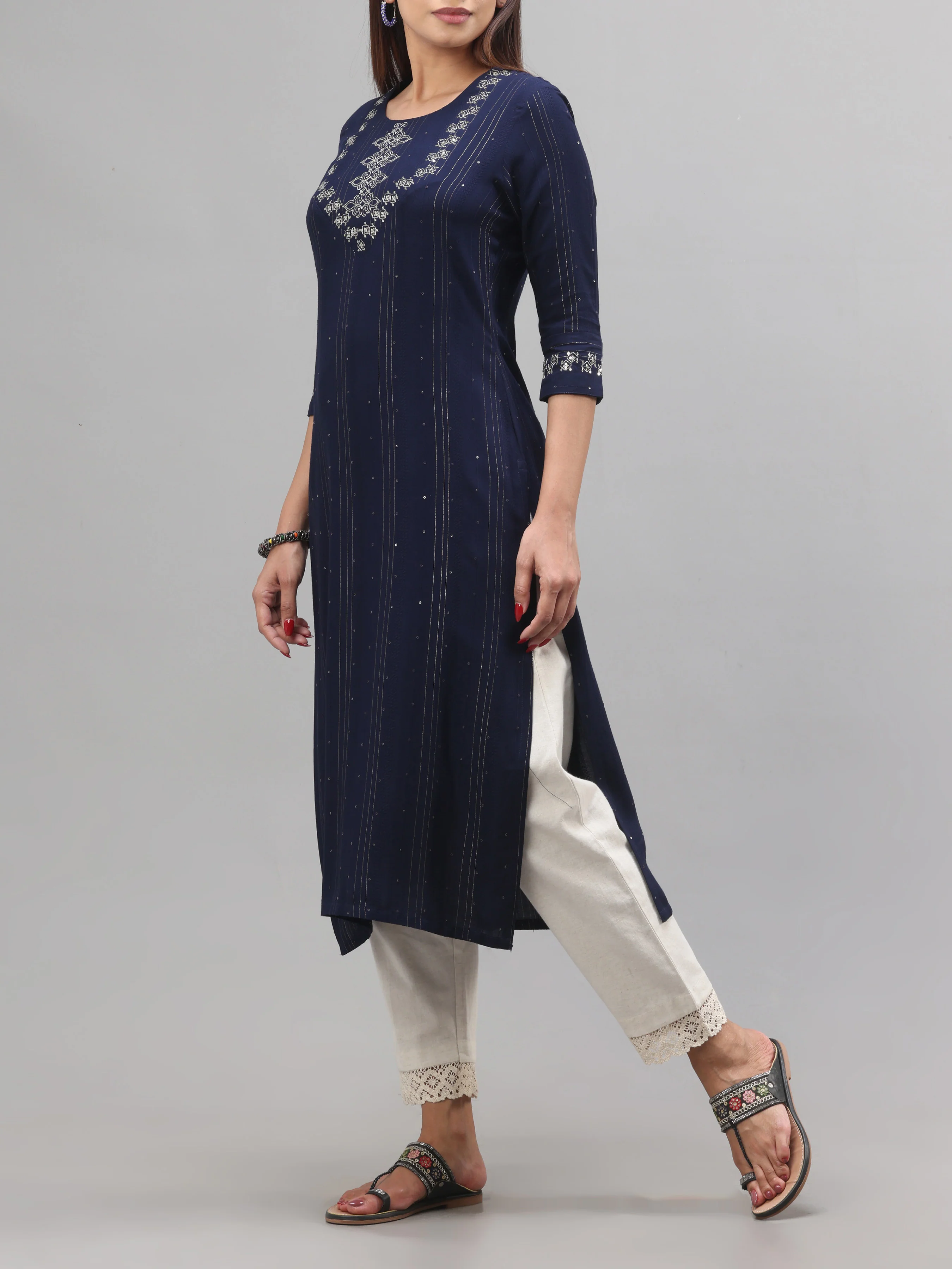 Navy Blue Viscose Kurti With Embroidery And Sequins Work - Image 4