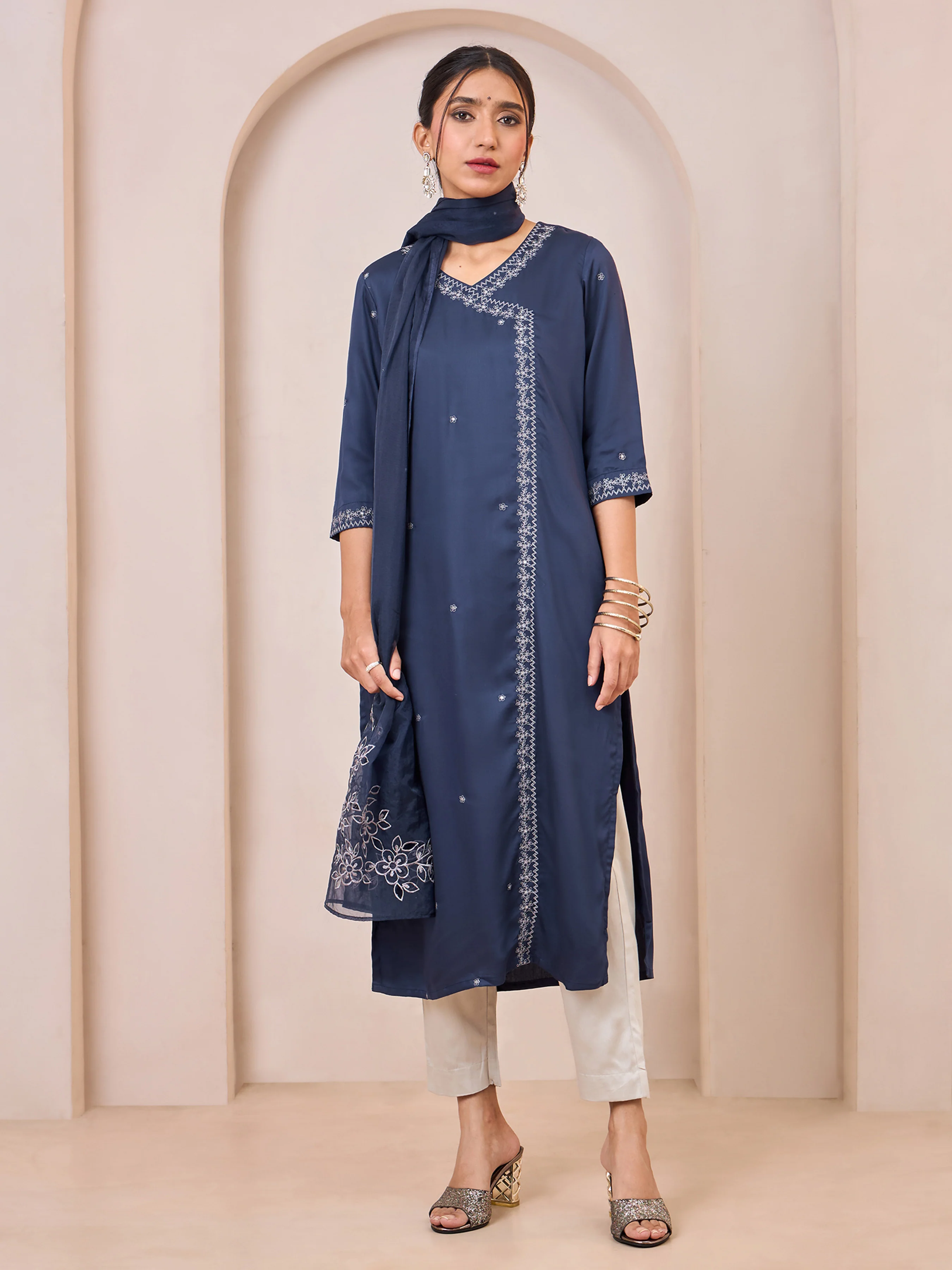 Navy Blue Viscose Plain Kurti Set & Dupatta With Hand Work Embroidery - Image 2