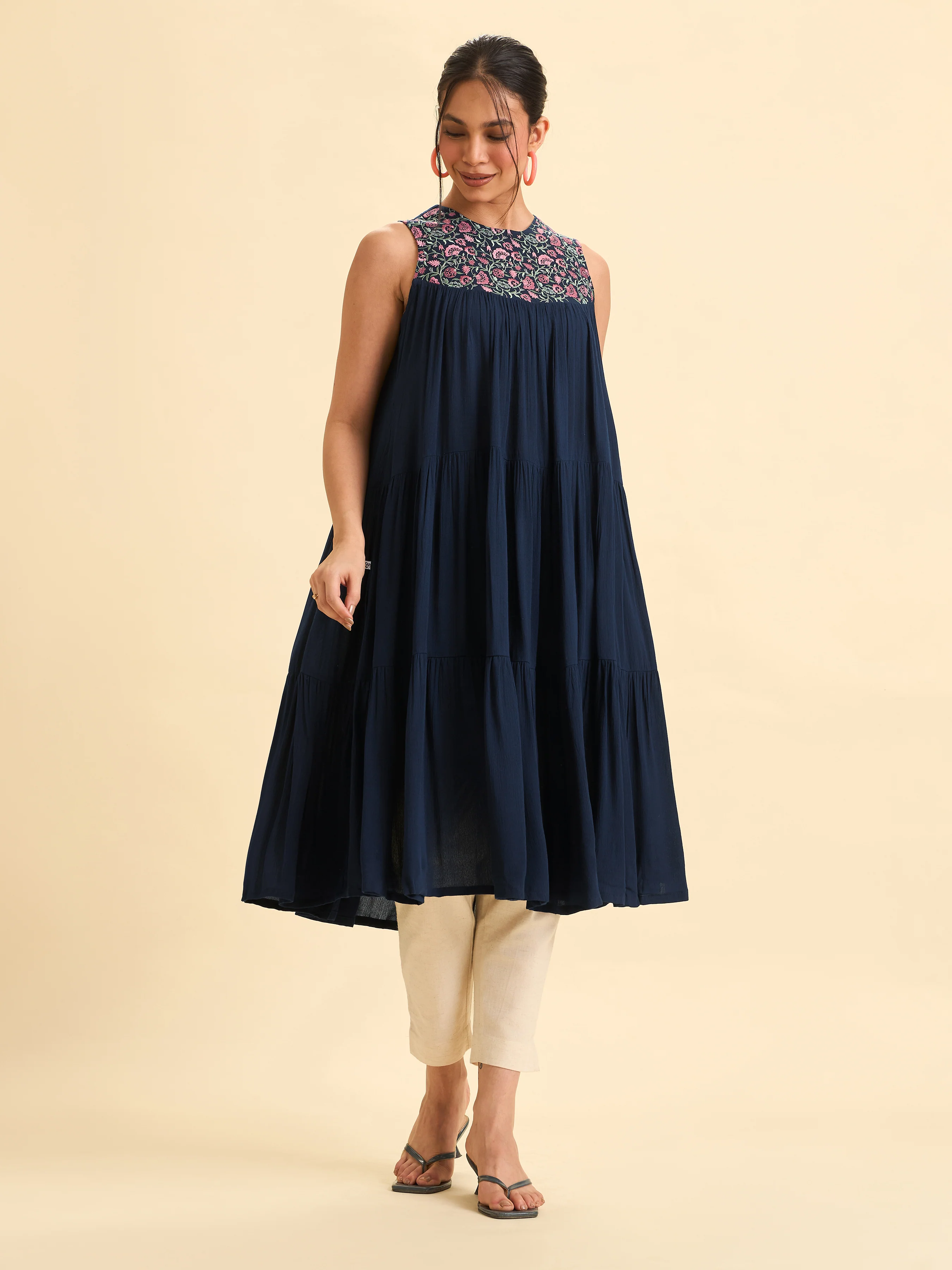 Navy Blue Wrinkle Viscose Plain Flared Tiered Cut Kurti With Sequins Embroidery - Image 5