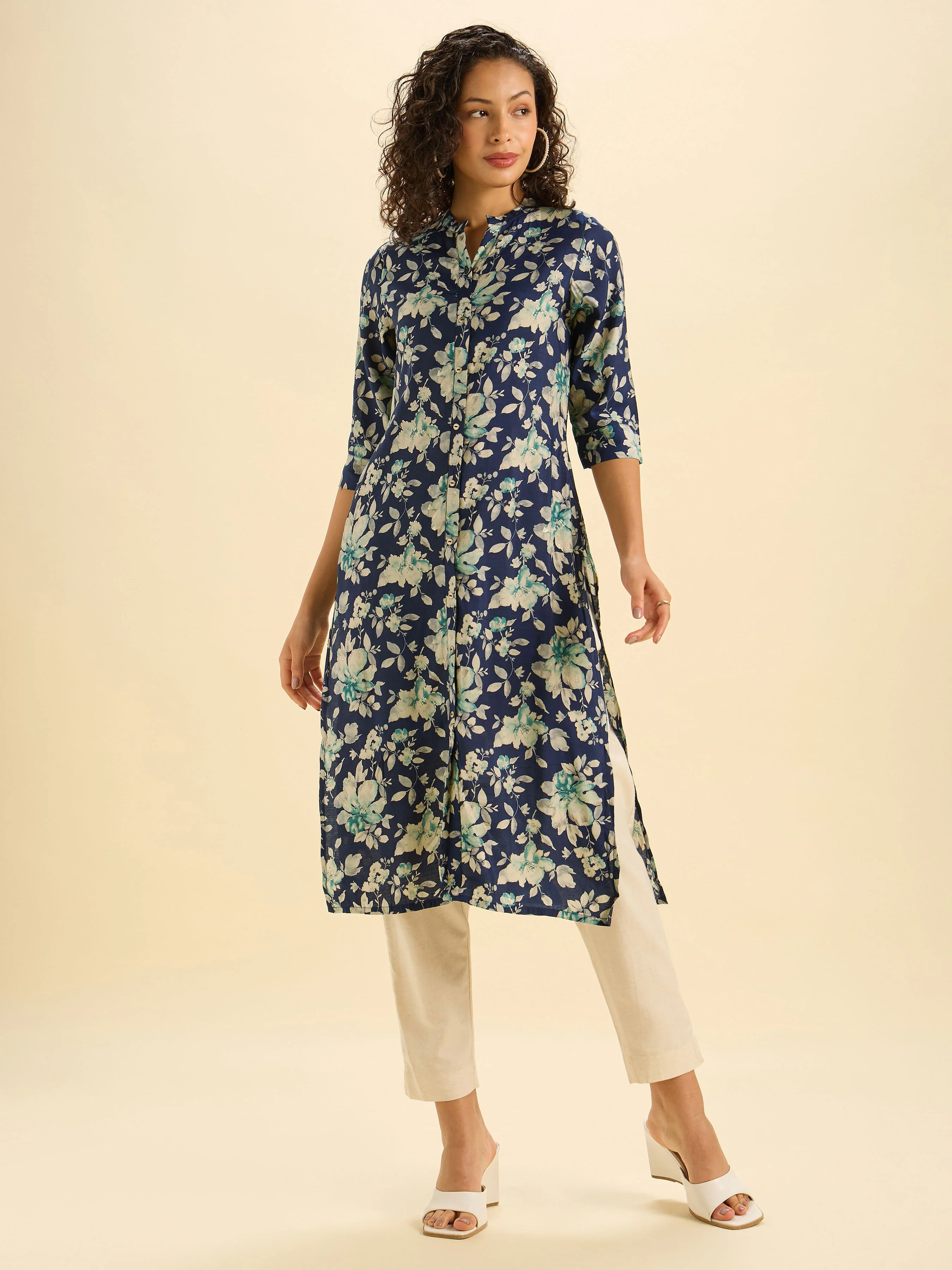 Navy Multi Colour Modal Chanderi Printed Slitted Kurti