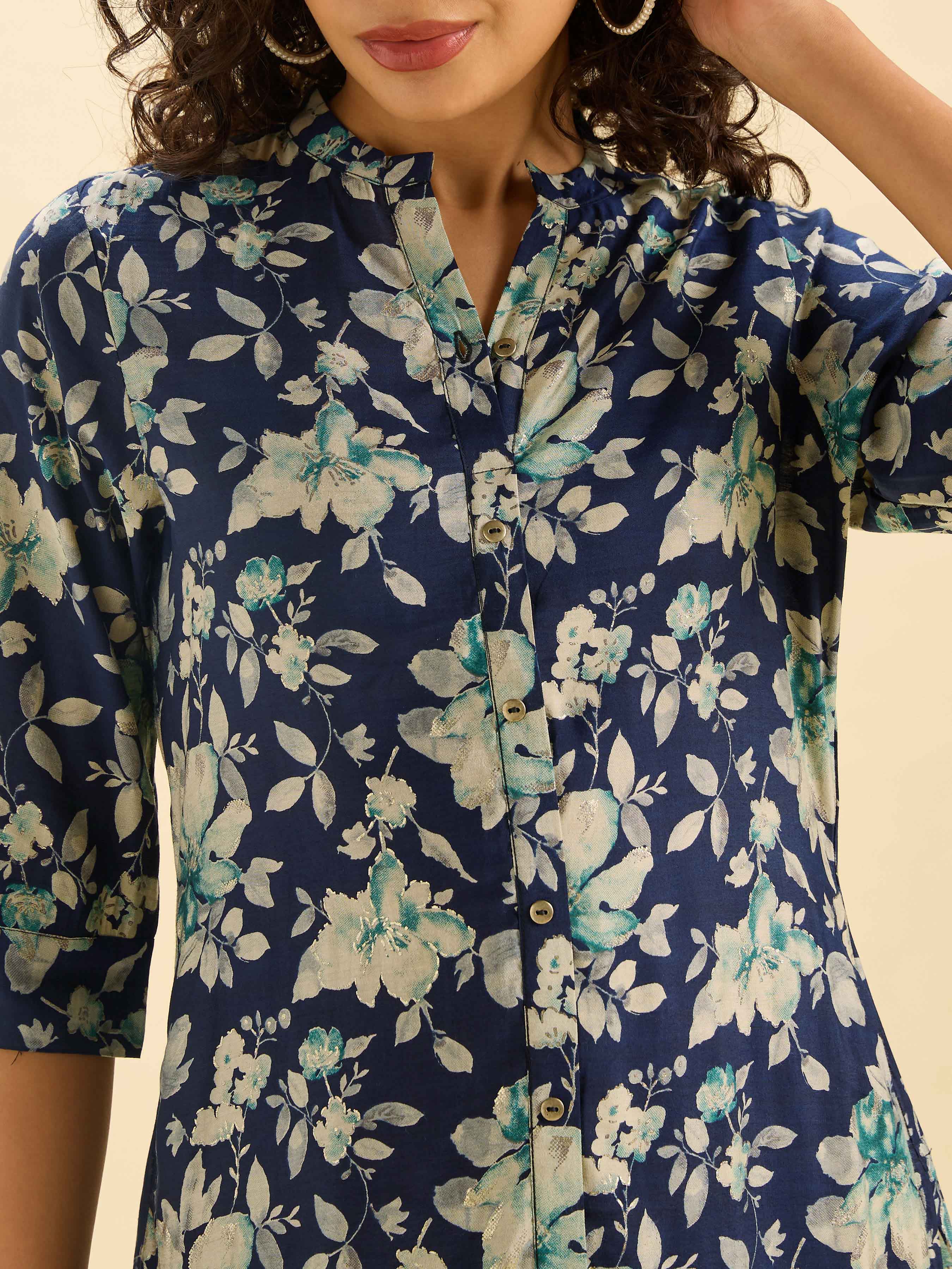 Navy Multi Colour Modal Chanderi Printed Slitted Kurti - Image 2