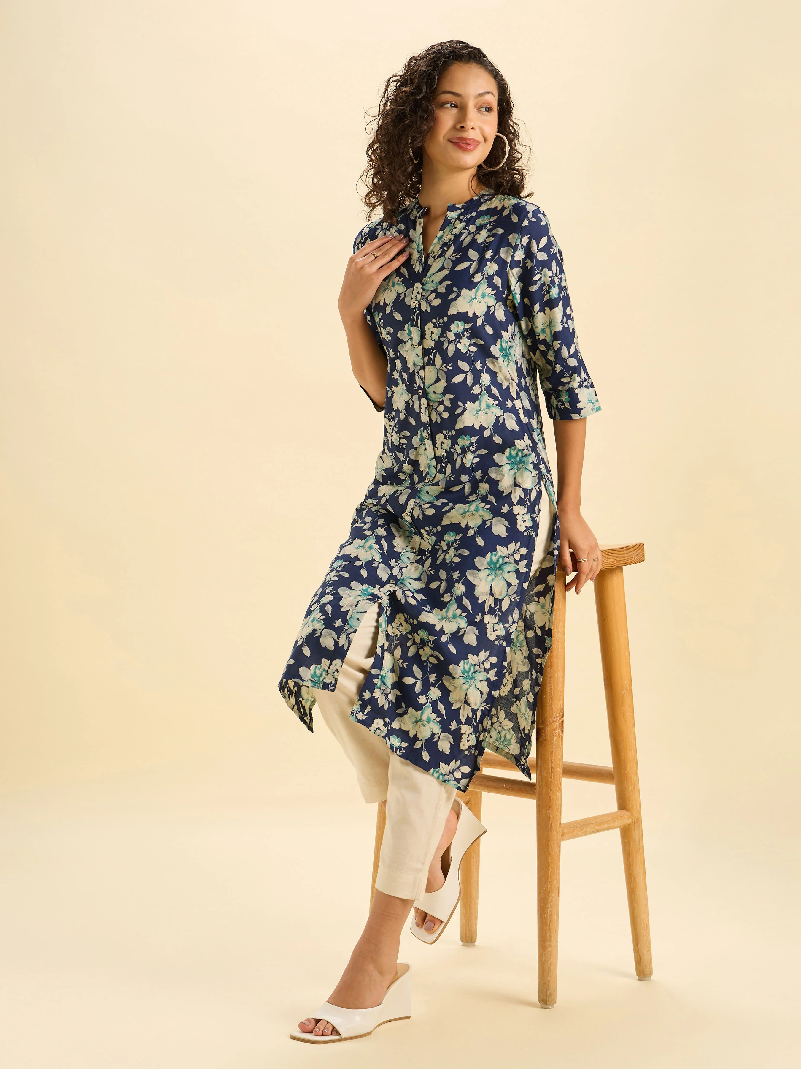 Navy Multi Colour Modal Chanderi Printed Slitted Kurti - Image 3