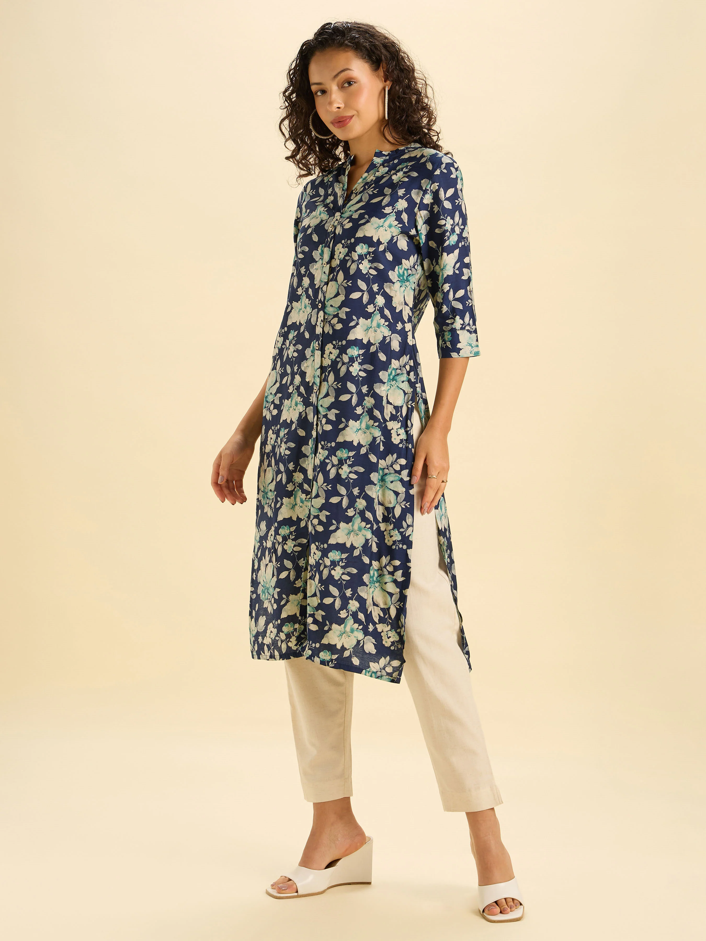 Navy Multi Colour Modal Chanderi Printed Slitted Kurti - Image 4