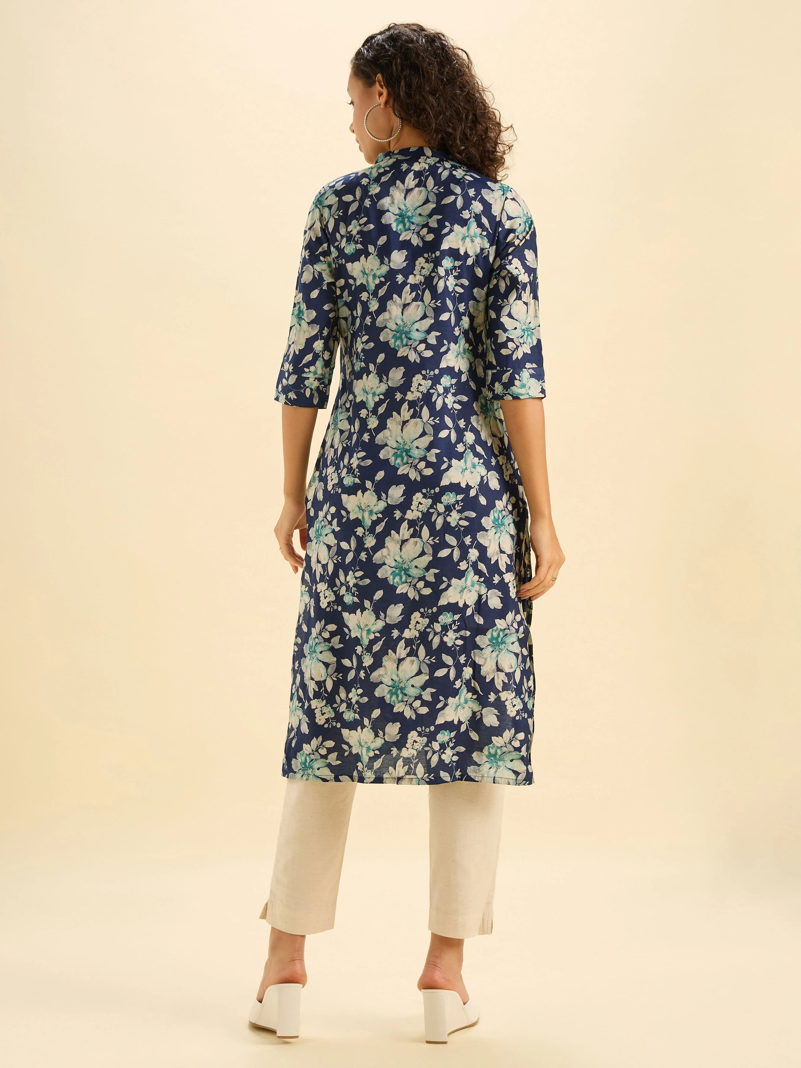 Navy Multi Colour Modal Chanderi Printed Slitted Kurti - Image 5