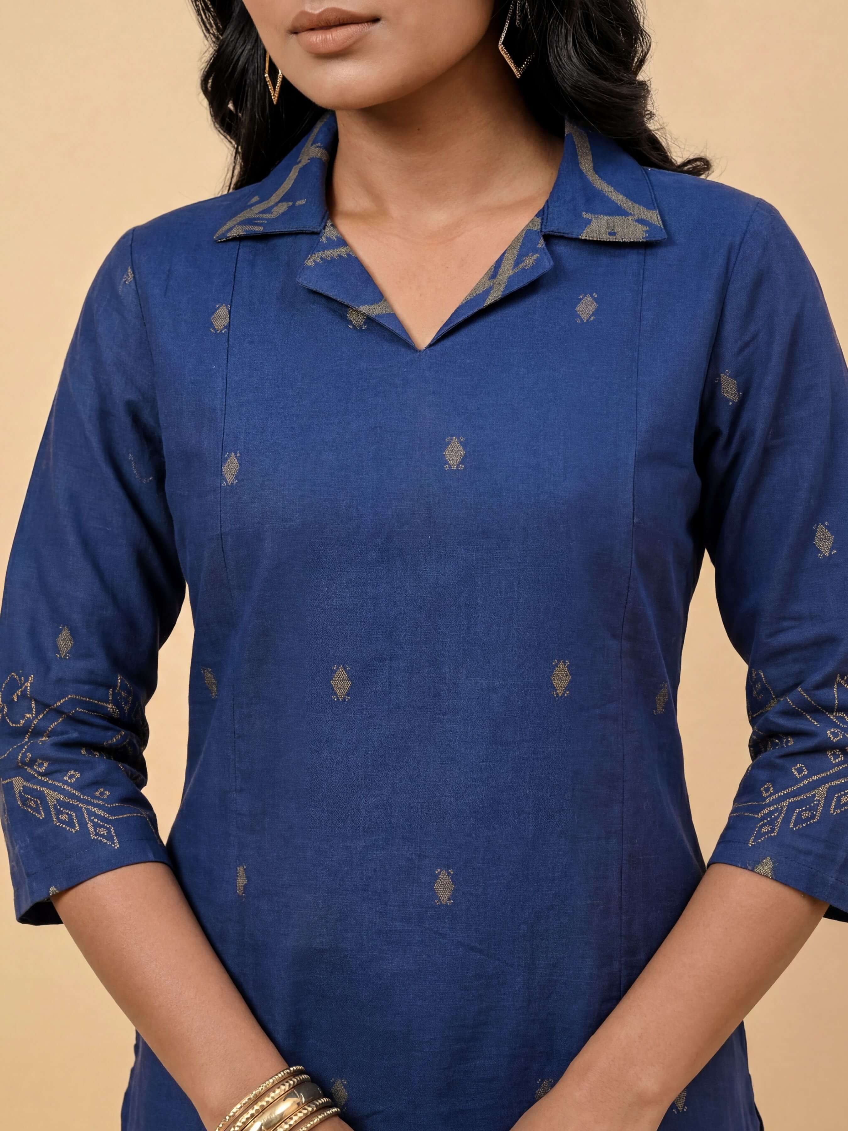 Navy Mustard Cotton Dobby Plain Center Panel Kurti With Embroidery - Image 2