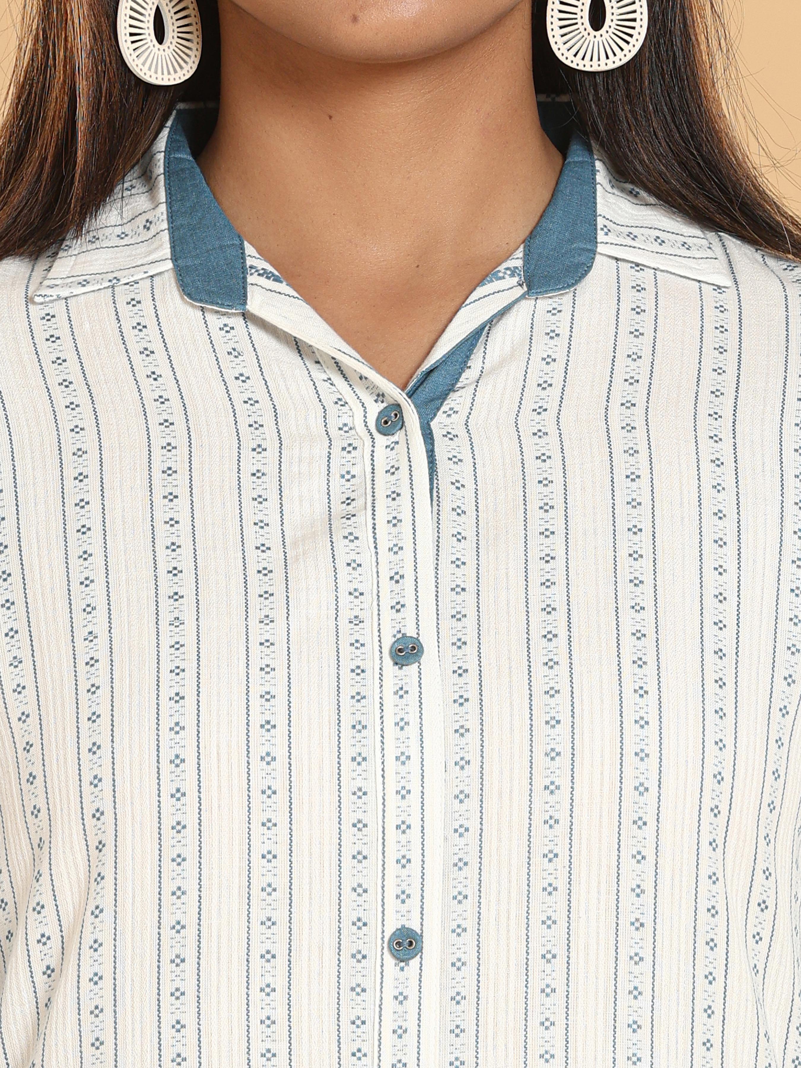 Off White Cotton Dobby Kurti With Button Placket - Image 2