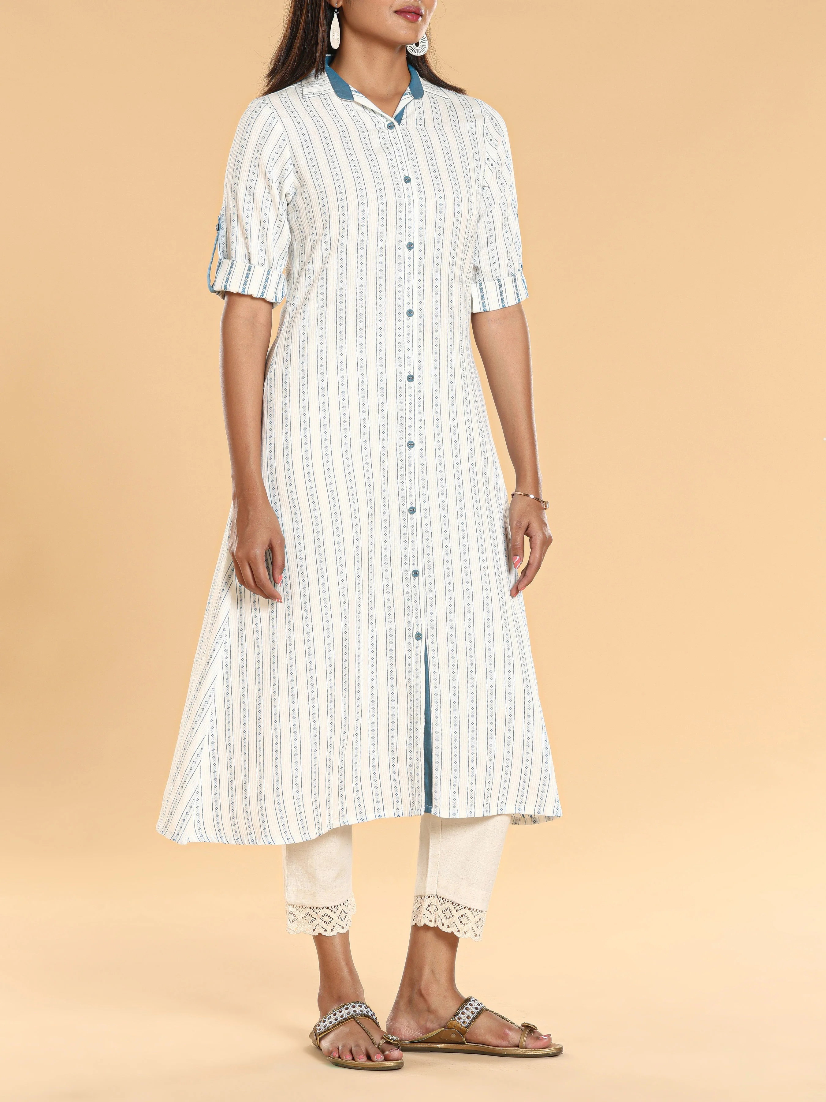 Off White Cotton Dobby Kurti With Button Placket - Image 5