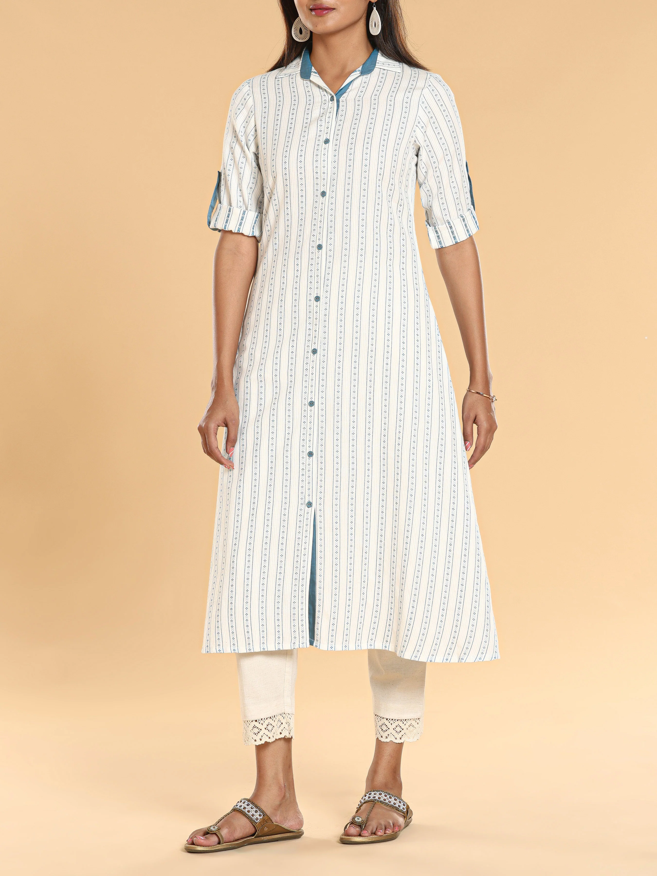 Off White Cotton Dobby Kurti With Button Placket - Image 6