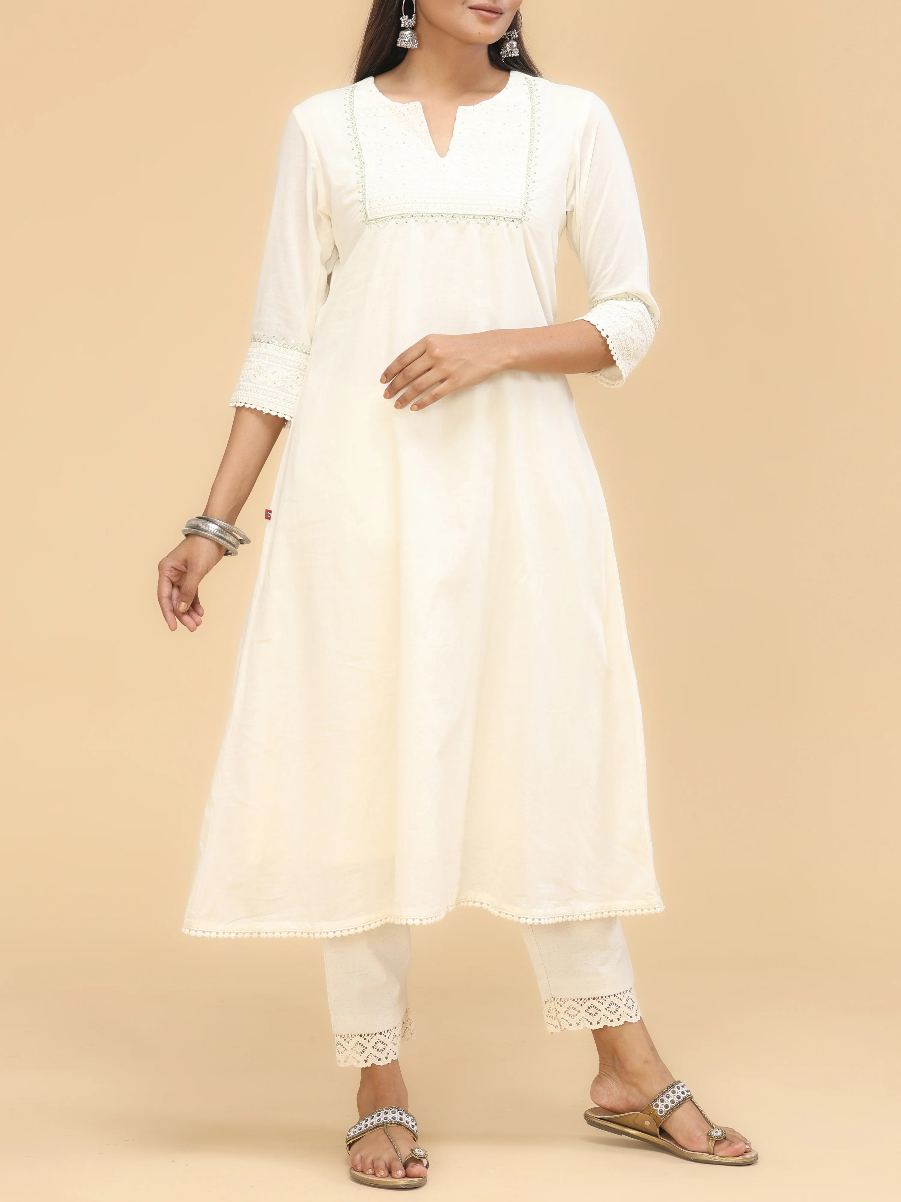 Off-White Cotton Kurti With Embroidery And Sequins Work - Image 4