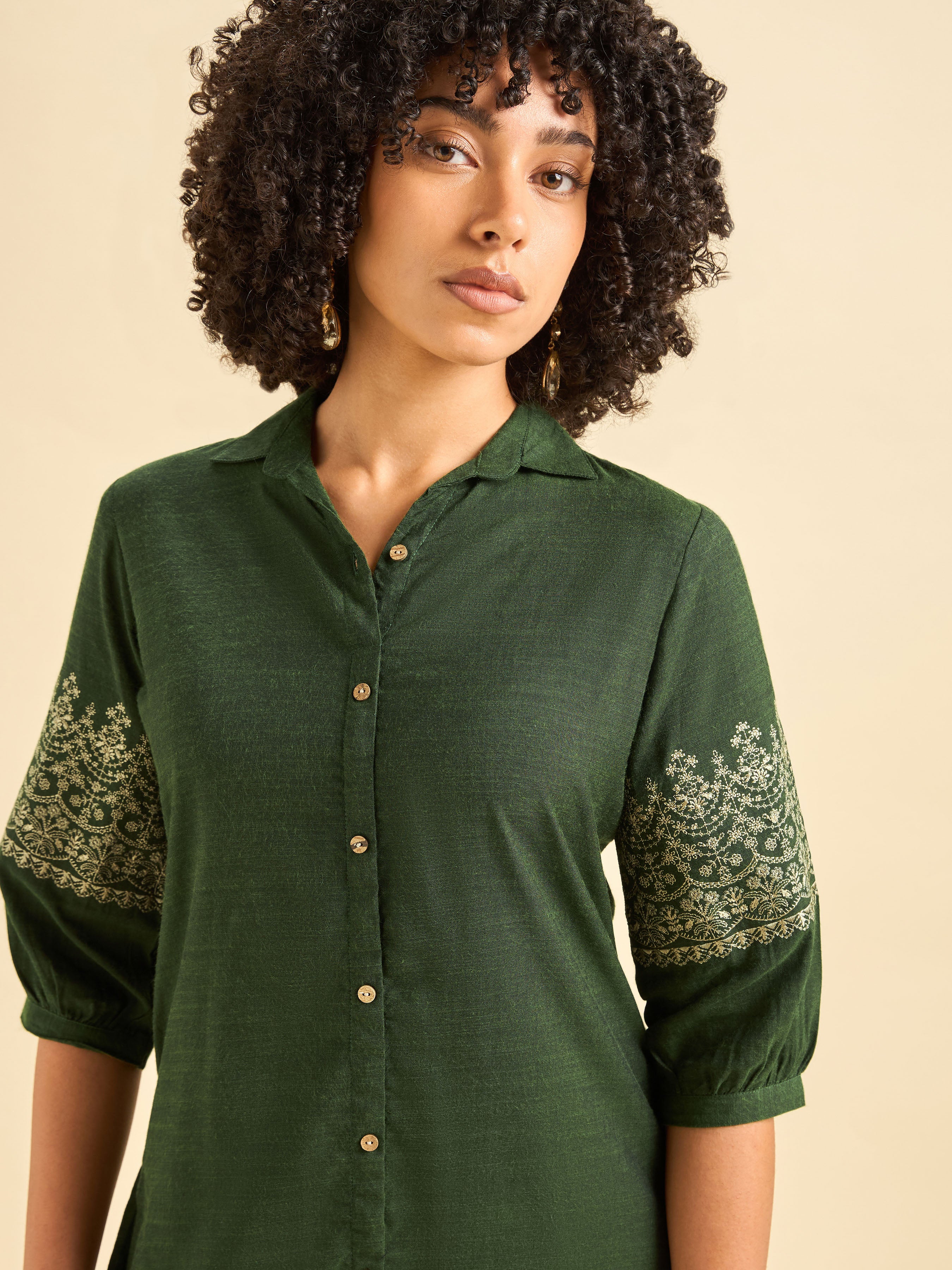 Olive Green Cotton Viscose Kurti With Embroidery - Image 2