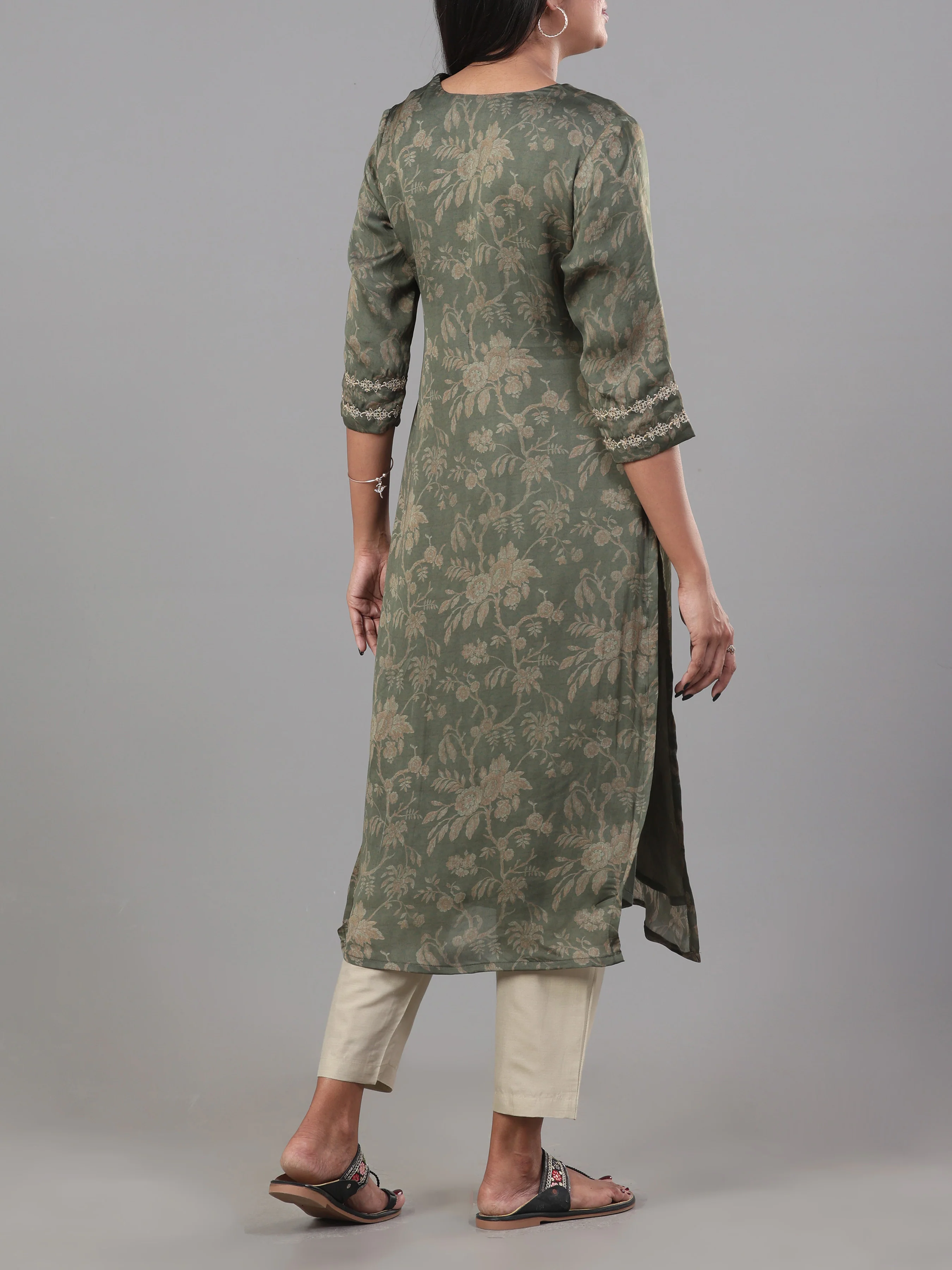 Olive Green Organza Satin Kurti With Embroidery And Matching Bottom - Image 6