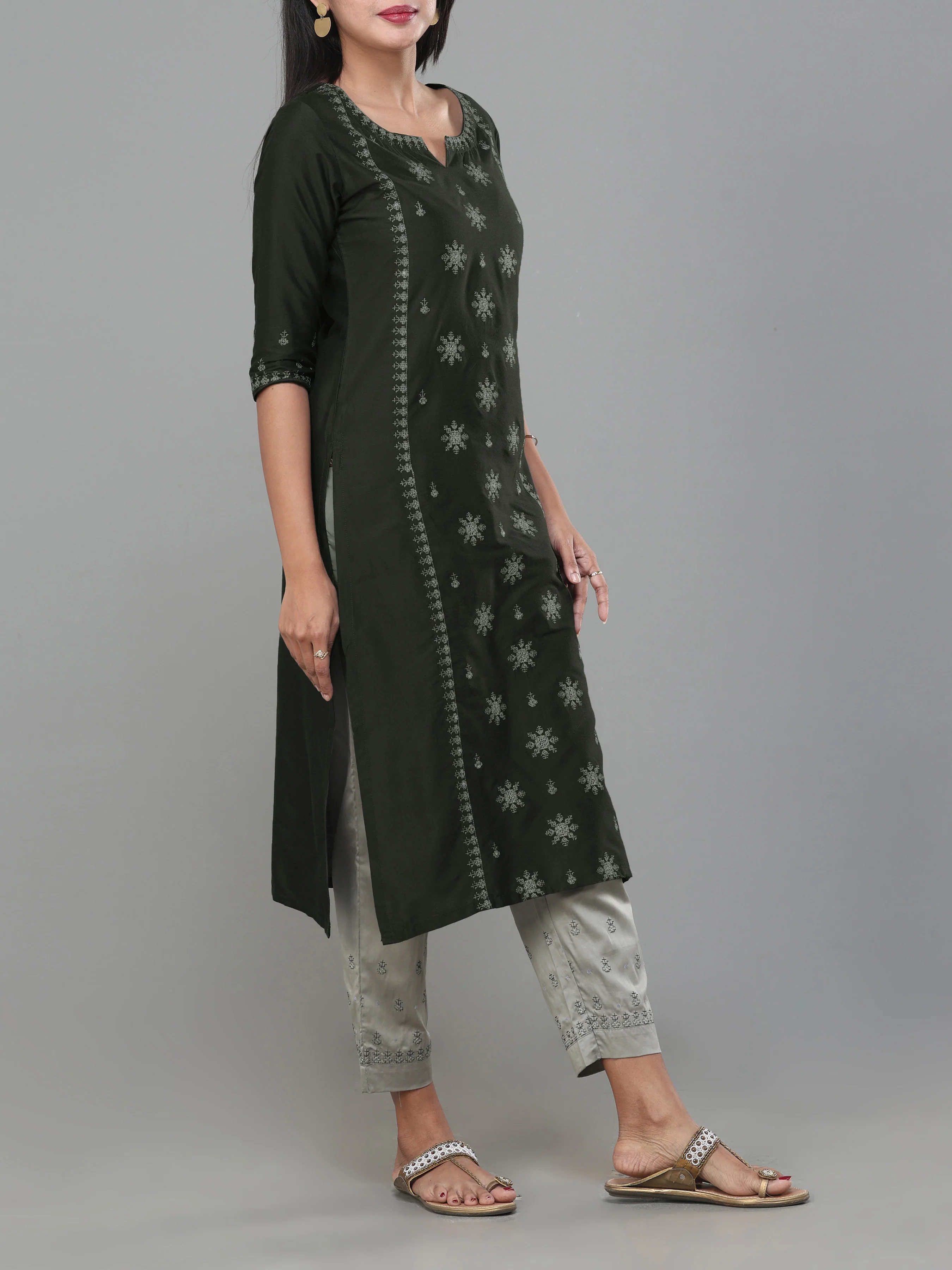 Olive Green Poly Viscose Kurti With Embroidery And Matching Bottom - Image 3