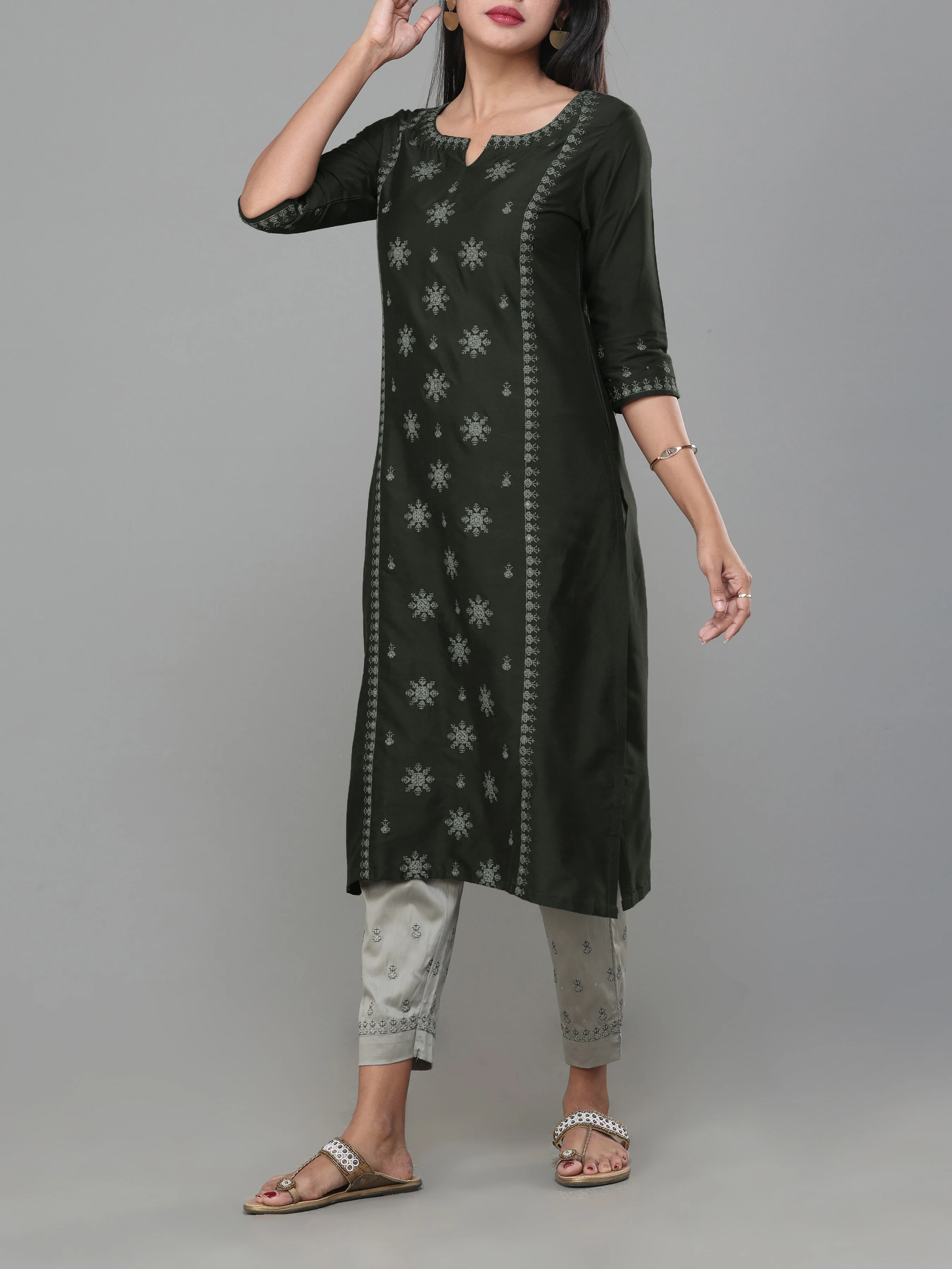 Olive Green Poly Viscose Kurti With Embroidery And Matching Bottom - Image 4