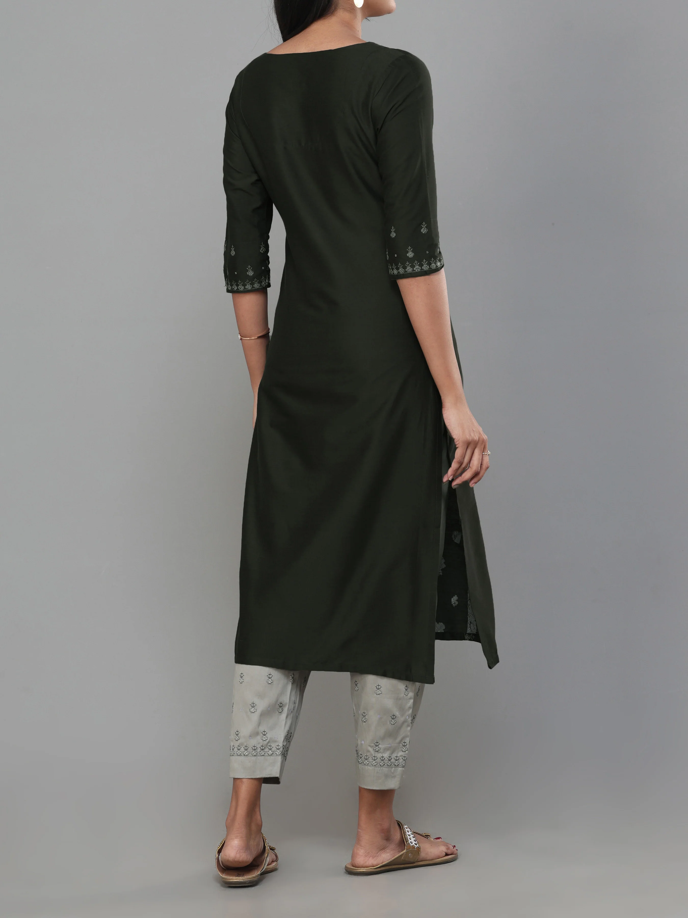 Olive Green Poly Viscose Kurti With Embroidery And Matching Bottom - Image 5