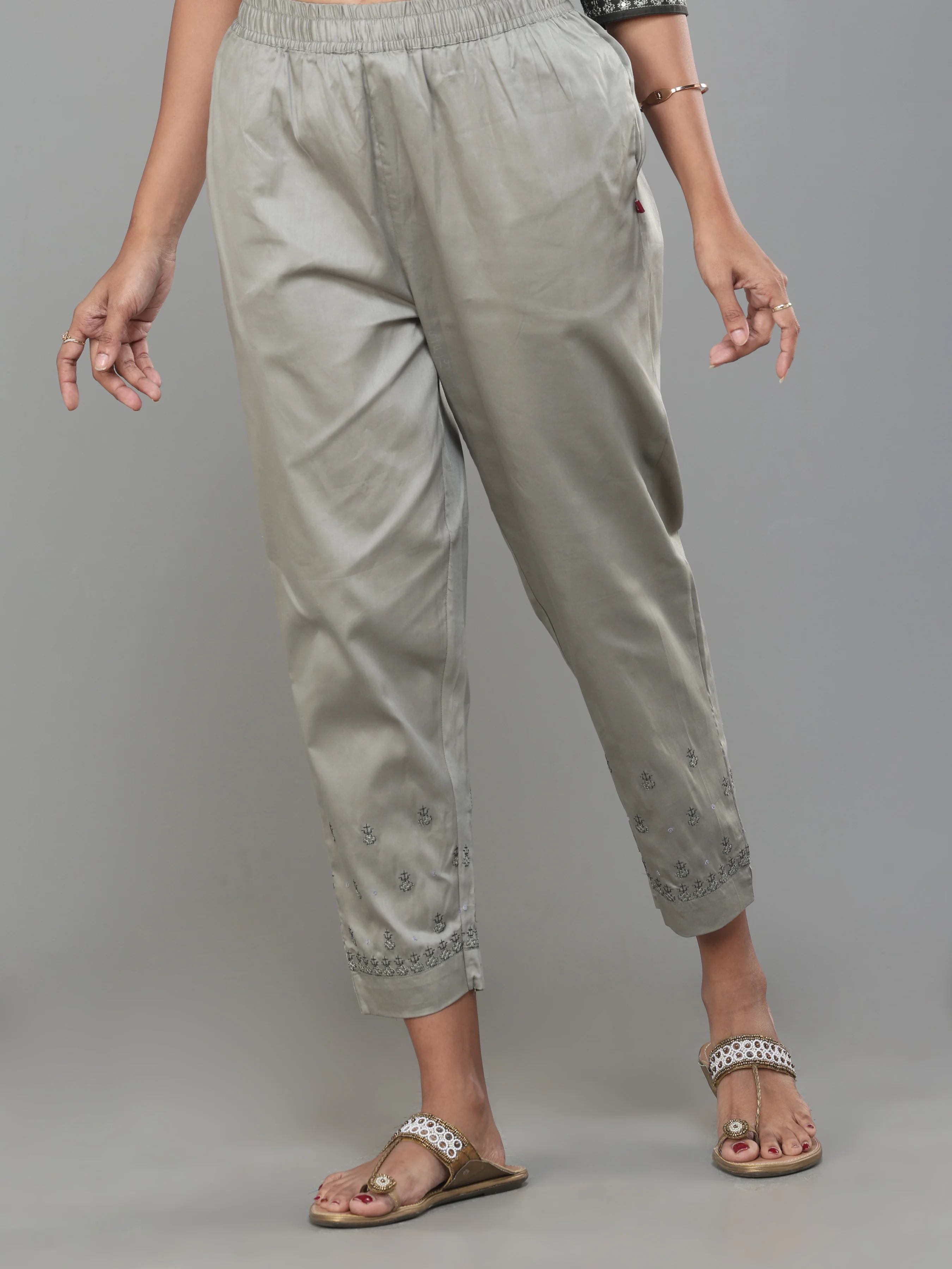 Olive Green Poly Viscose Kurti With Embroidery And Matching Bottom - Image 6