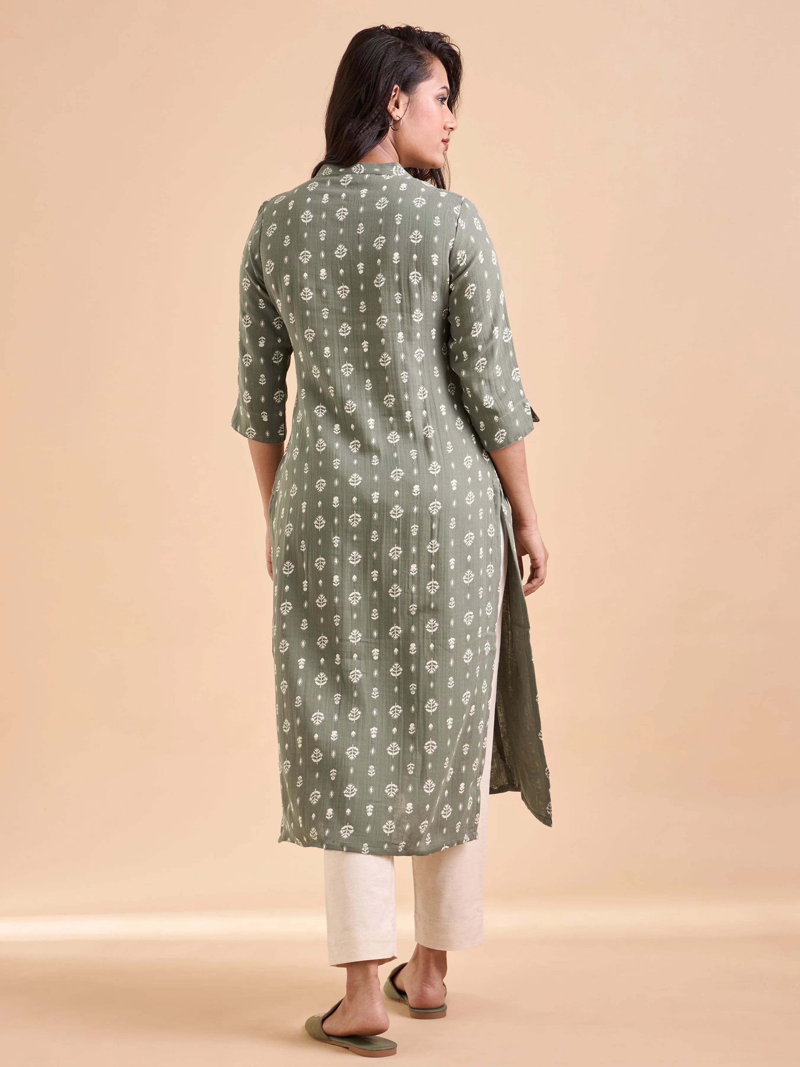 Olive Green Pure Cotton Double Cloth Printed Kurti With Smocking - Image 5