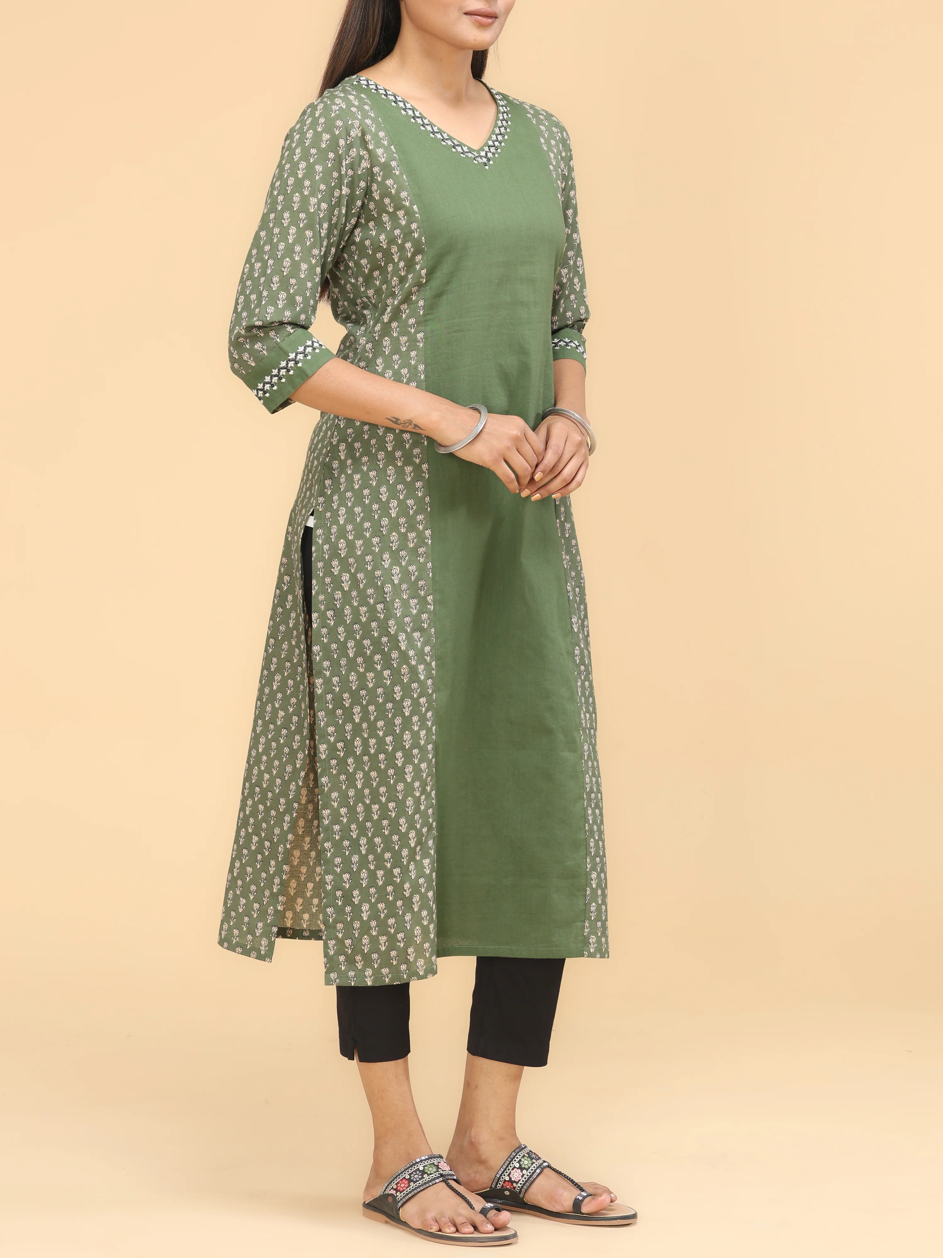 Olive Green Pure Cotton Printed Kurti With Embroidery - Image 5