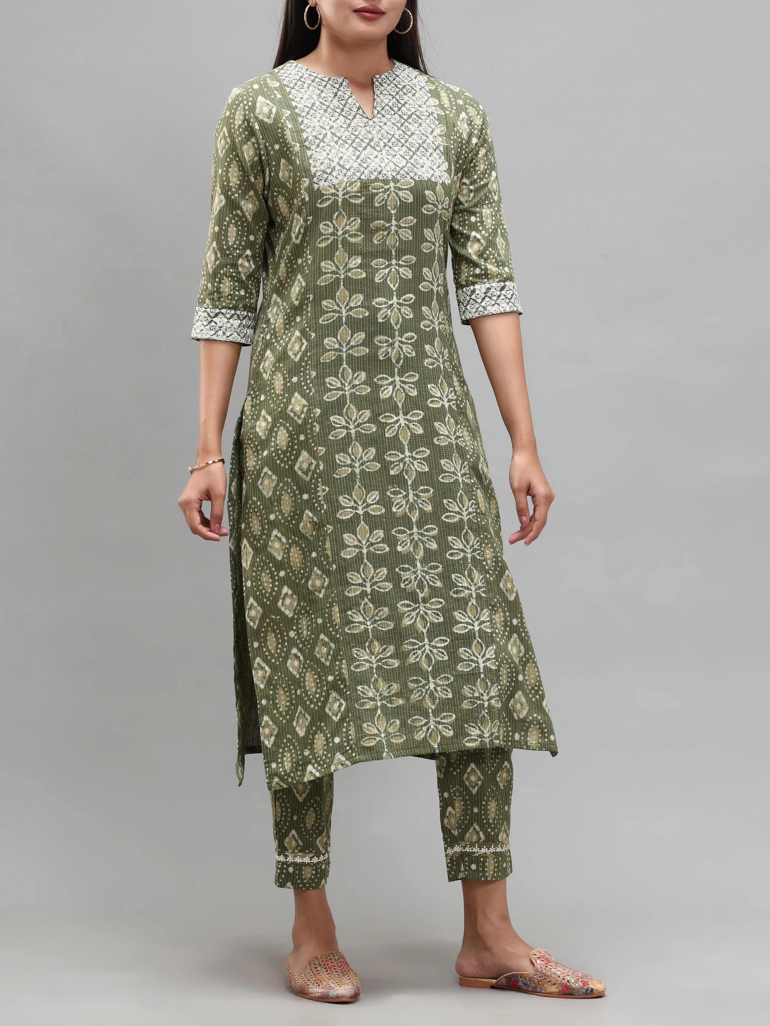 Olive Green Pure Cotton Printed Kurti With Embroidery And Matching Bottom - Image 3