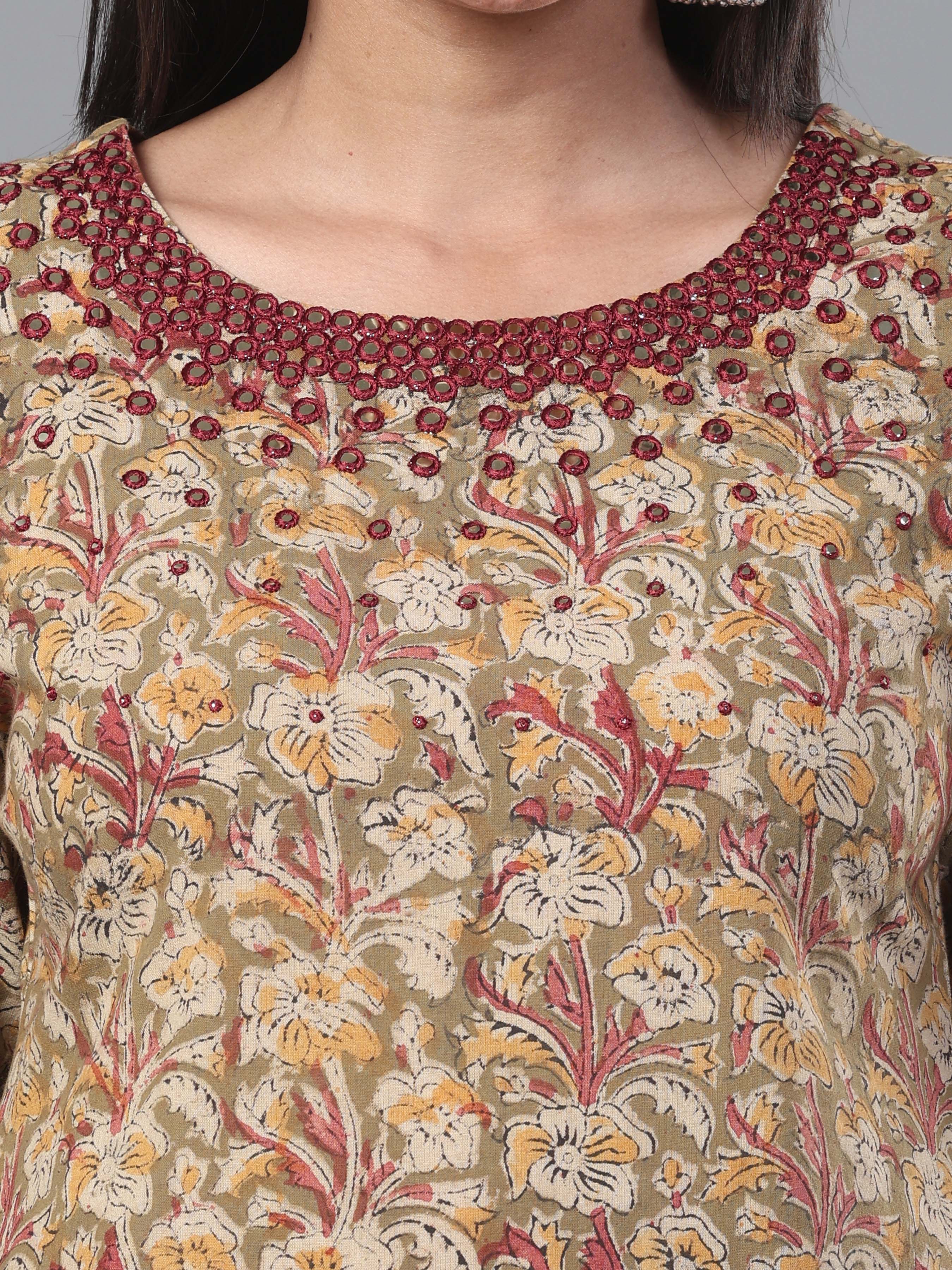 Olive Green Pure Cotton Printed Kurti With Mirror Work - Image 2