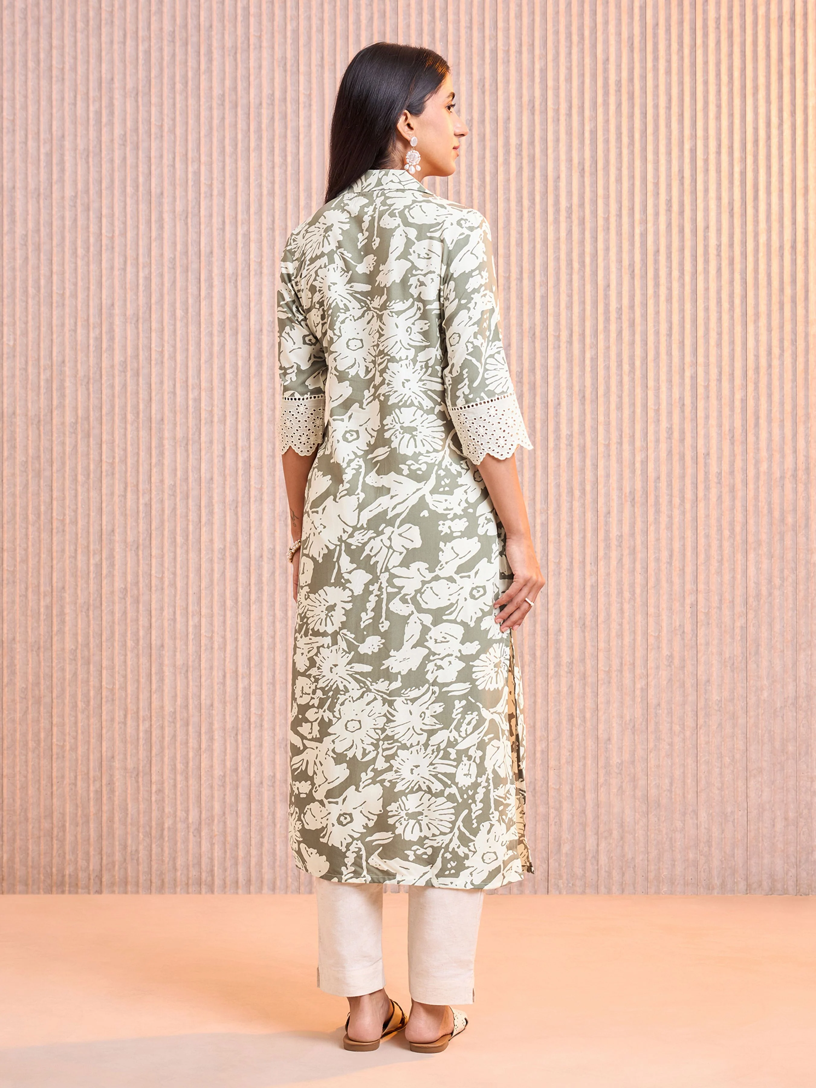 Olive Green Viscose Printed Kurti With Lace - Image 5