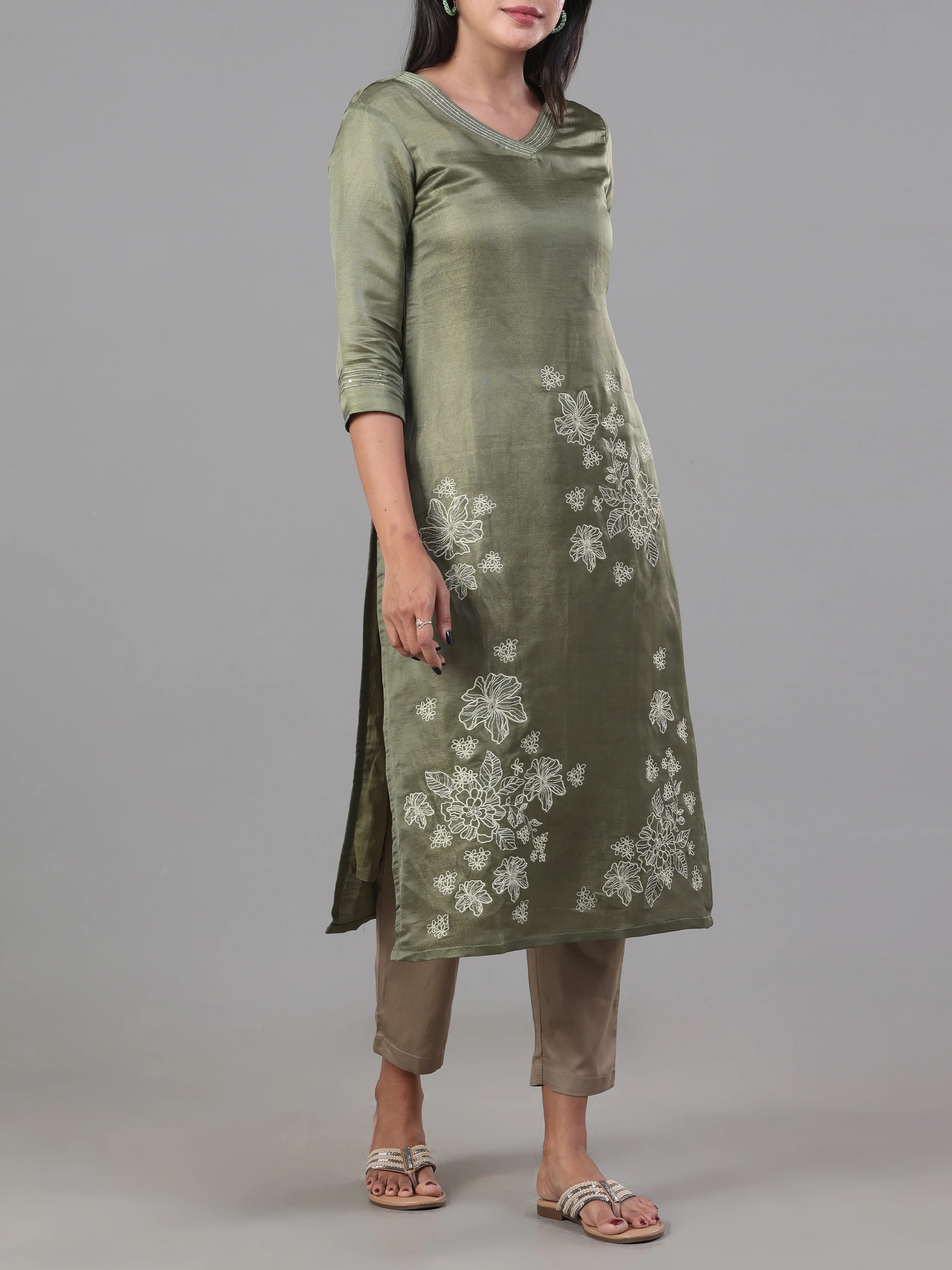 Olive Green Viscose Shimmer Kurti With Embroidery And Matching Bottom - Image 3