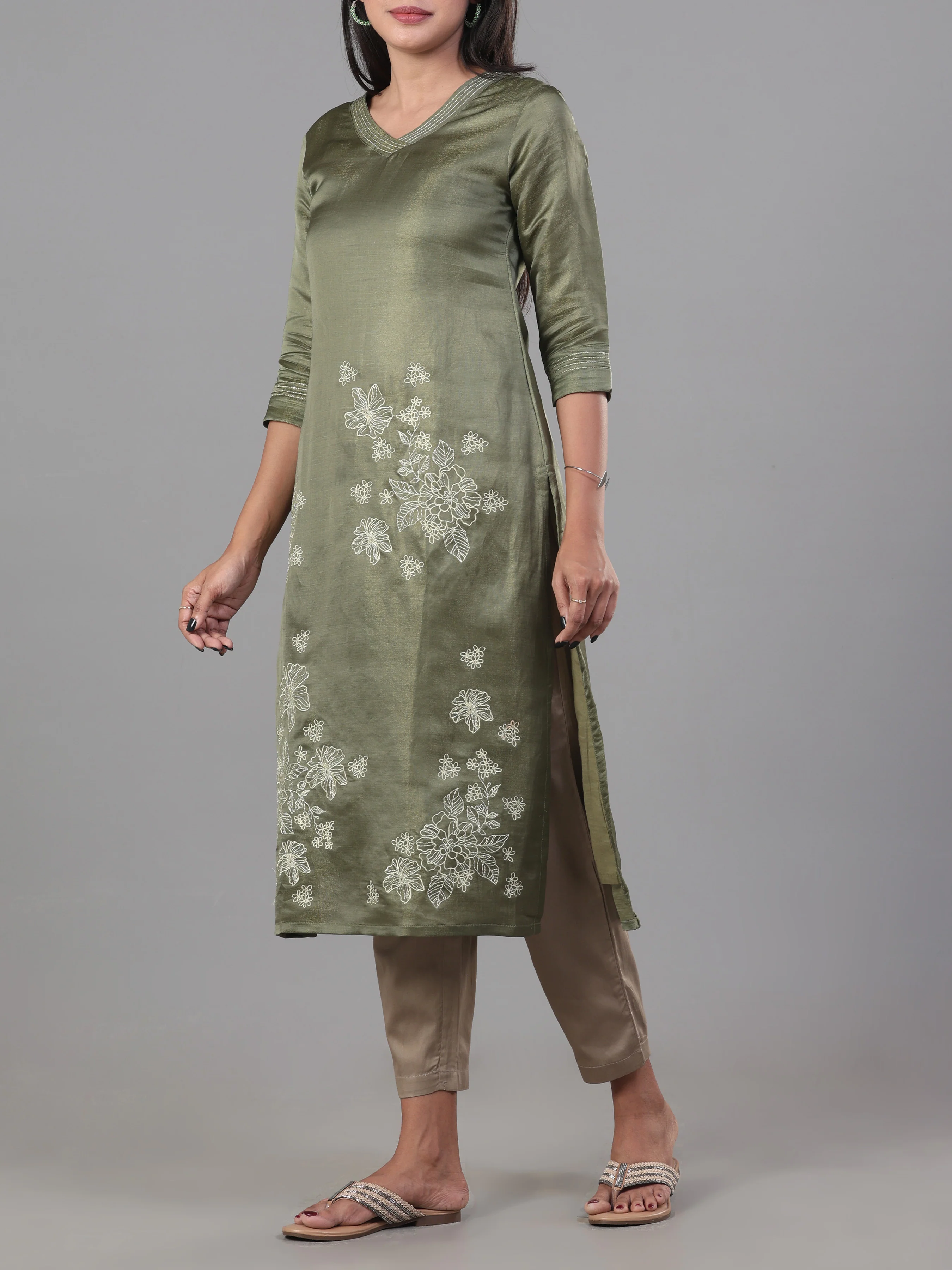 Olive Green Viscose Shimmer Kurti With Embroidery And Matching Bottom - Image 4