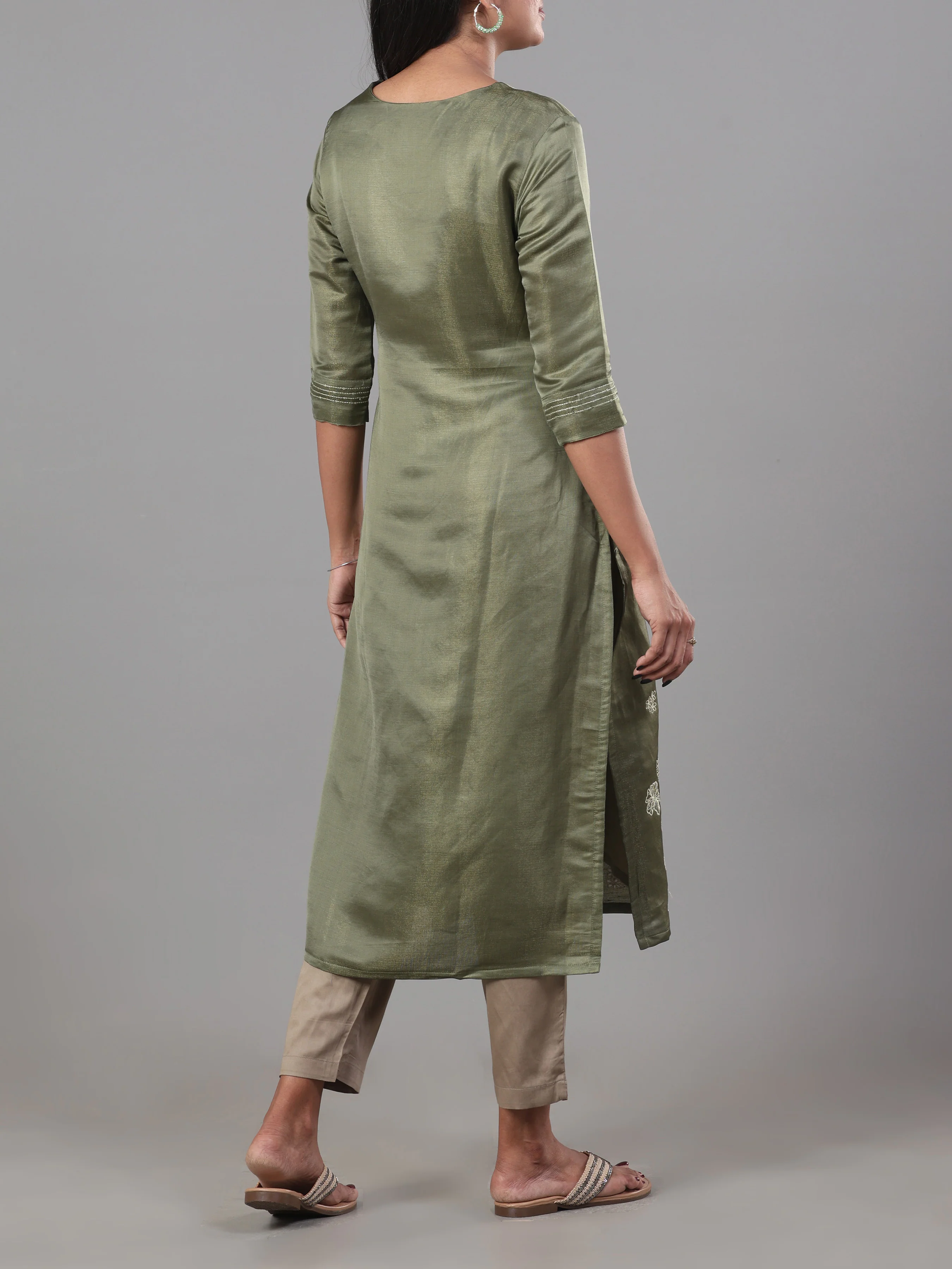 Olive Green Viscose Shimmer Kurti With Embroidery And Matching Bottom - Image 7