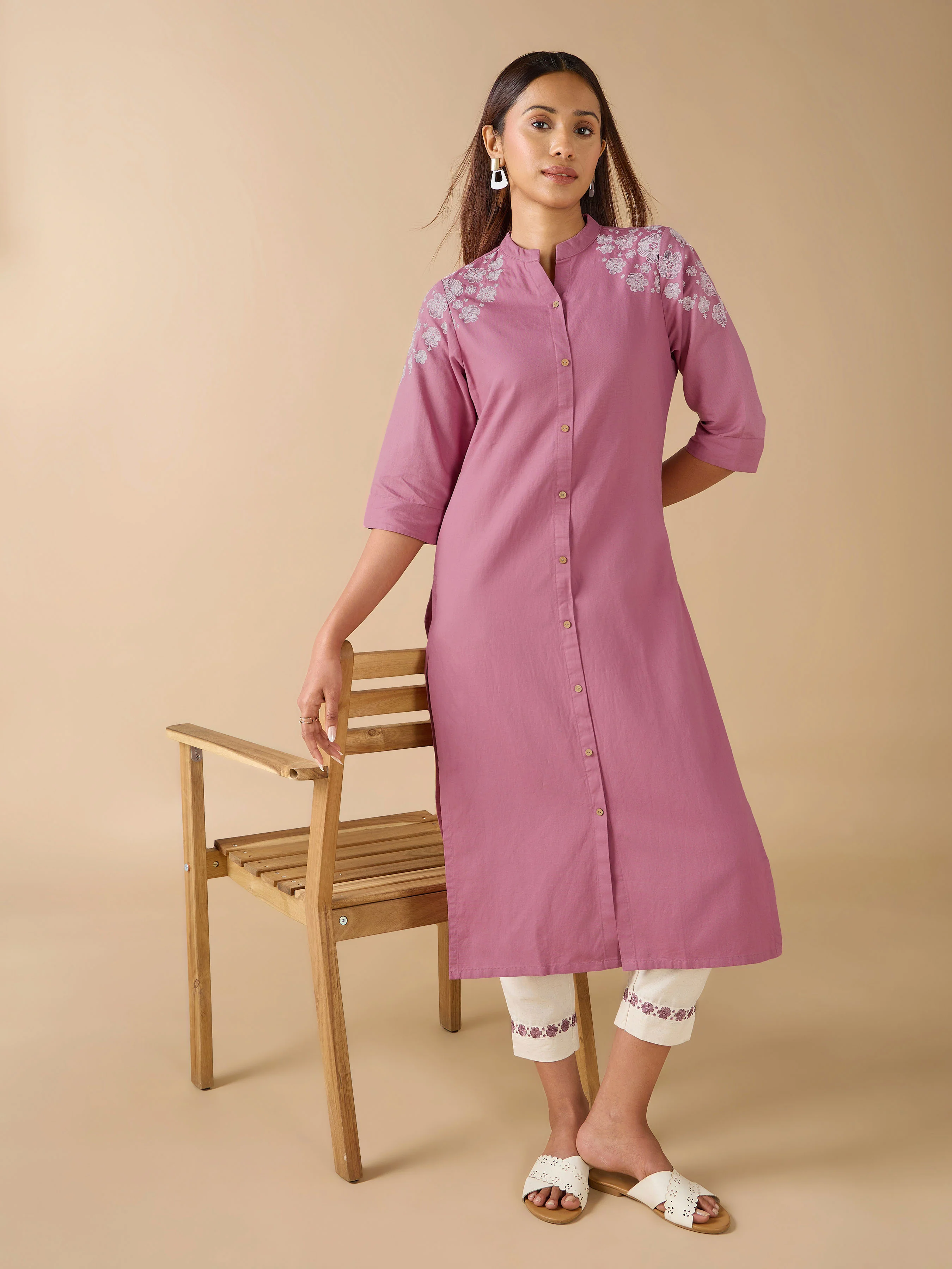 Onion Pink Cotton Linen Plain Kurti With Embroidery And Matching Bottom - Image 3
