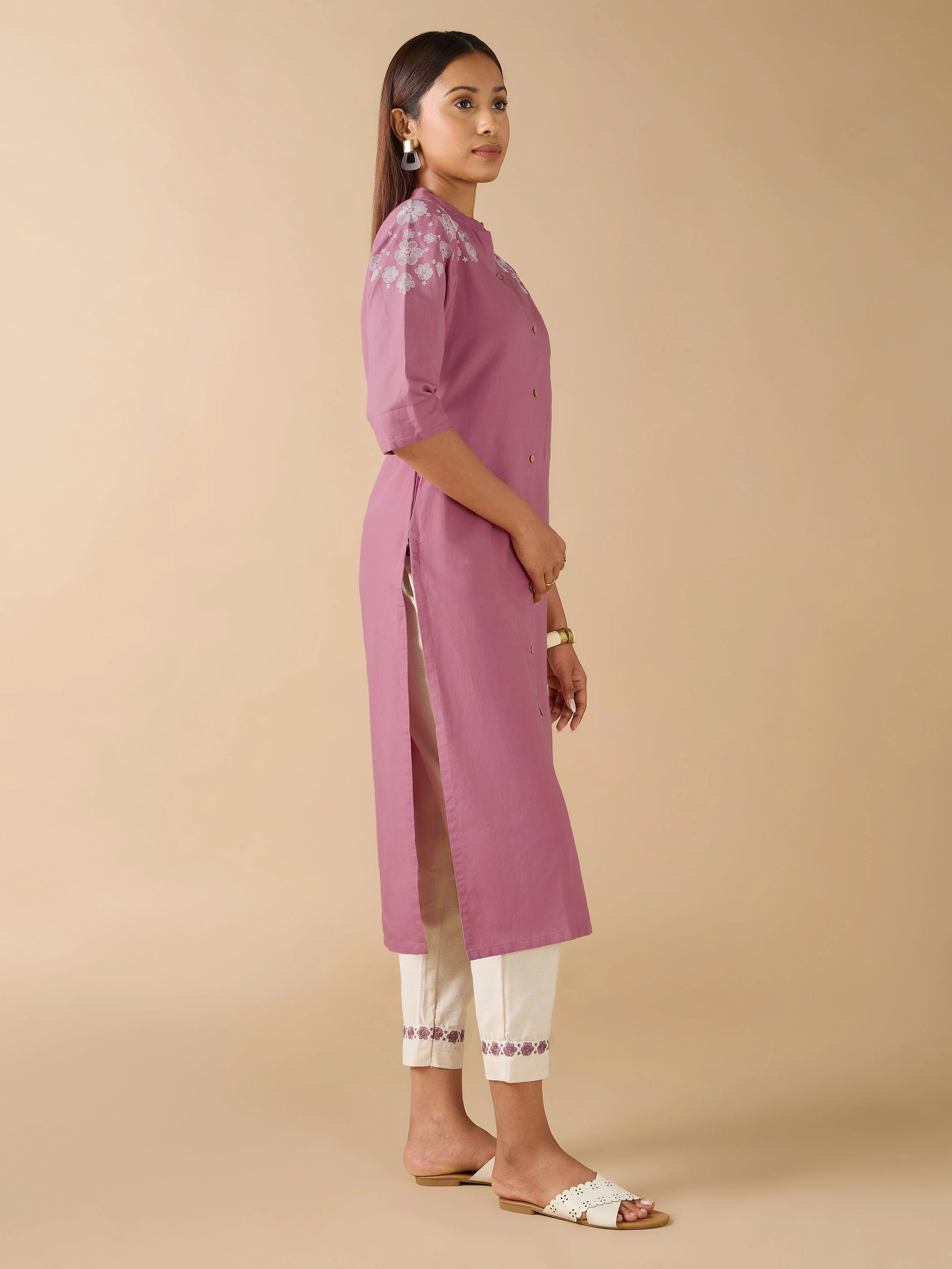 Onion Pink Cotton Linen Plain Kurti With Embroidery And Matching Bottom - Image 4