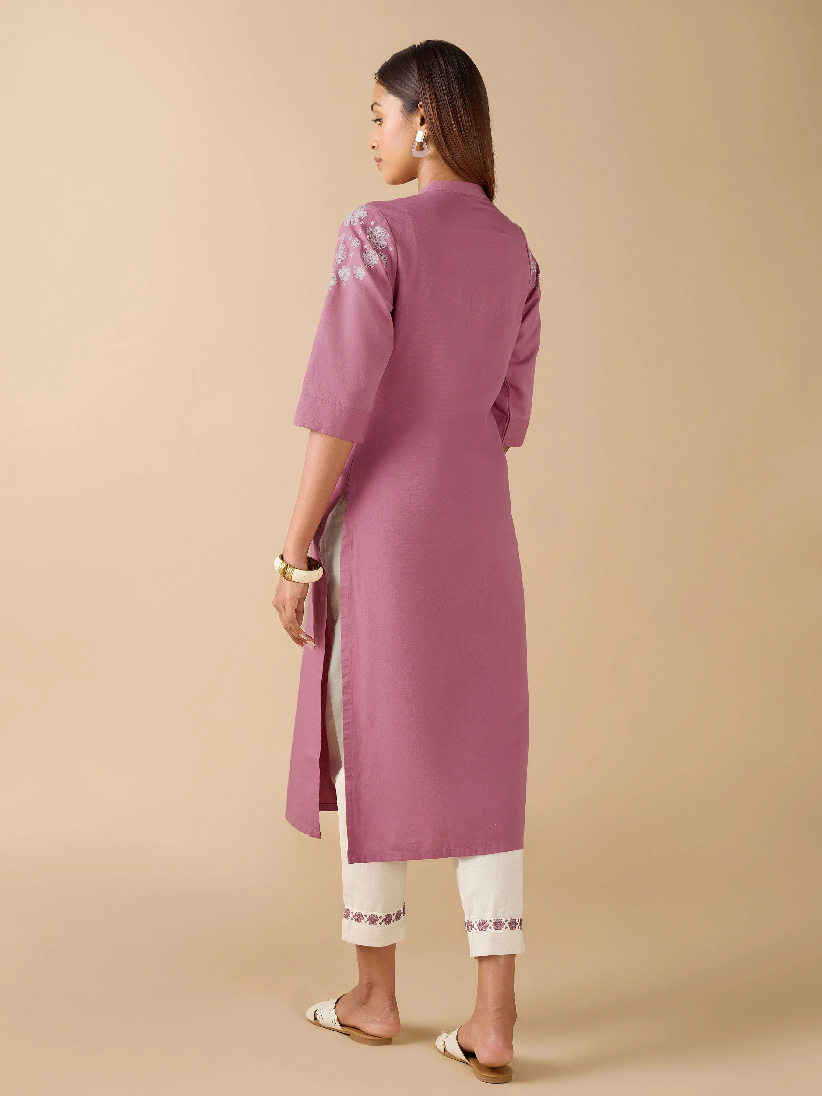 Onion Pink Cotton Linen Plain Kurti With Embroidery And Matching Bottom - Image 5